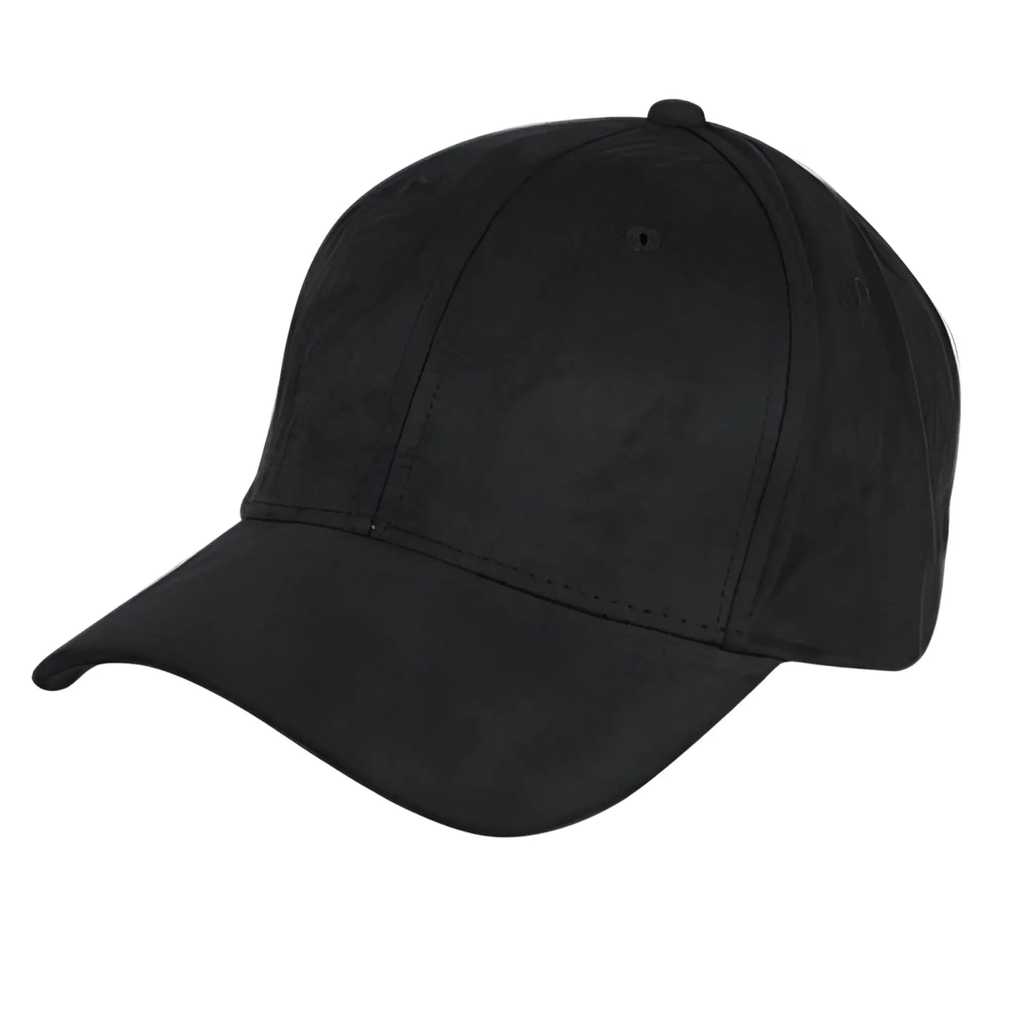 Black faux suede baseball cap with curved brim and stitched panels available in 8 colors