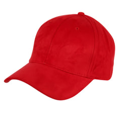 Red faux suede baseball cap with a curved brim and stitched panels available in eight colors