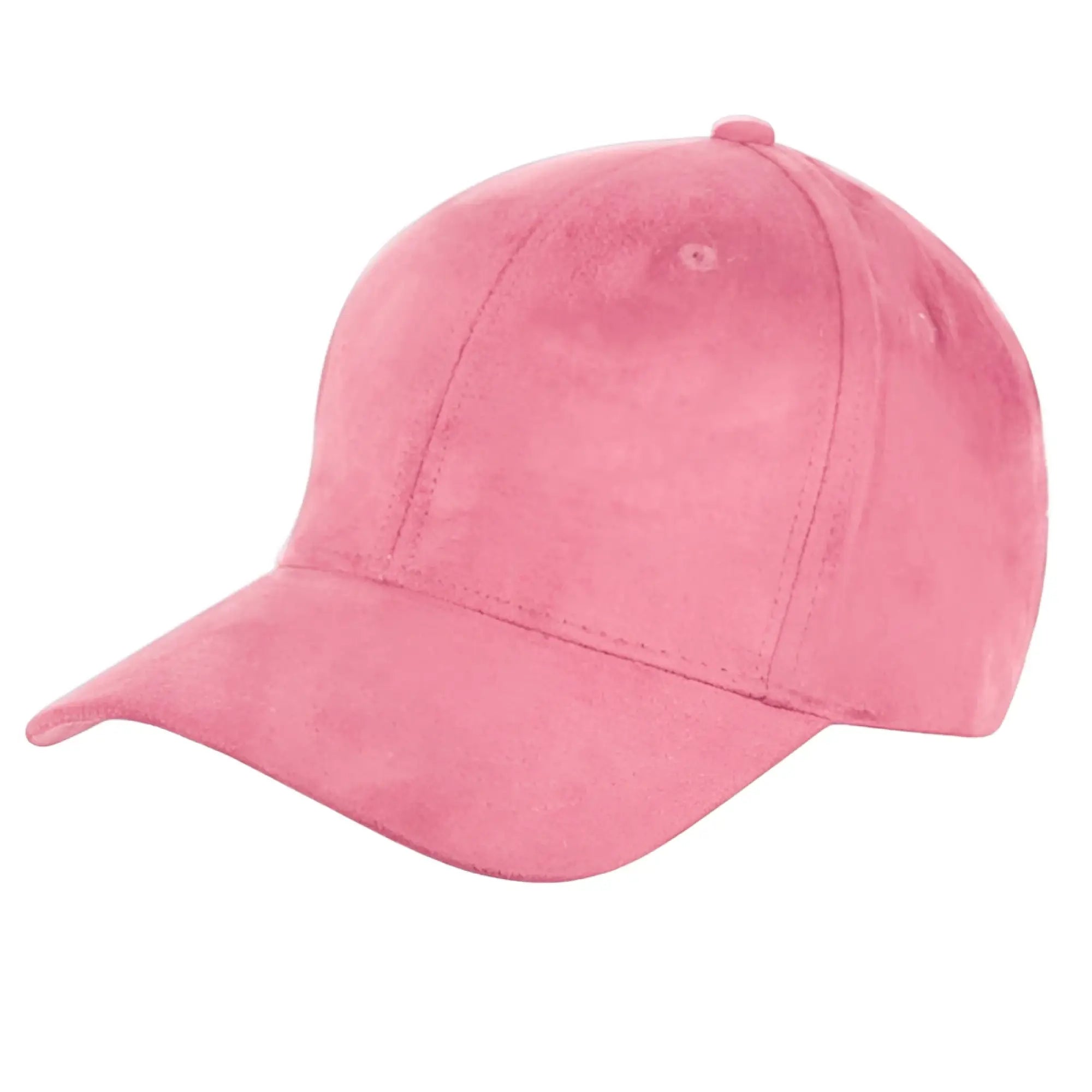 A soft pink faux suede baseball cap with classic six-panel design and stitched seams available in 8 colors