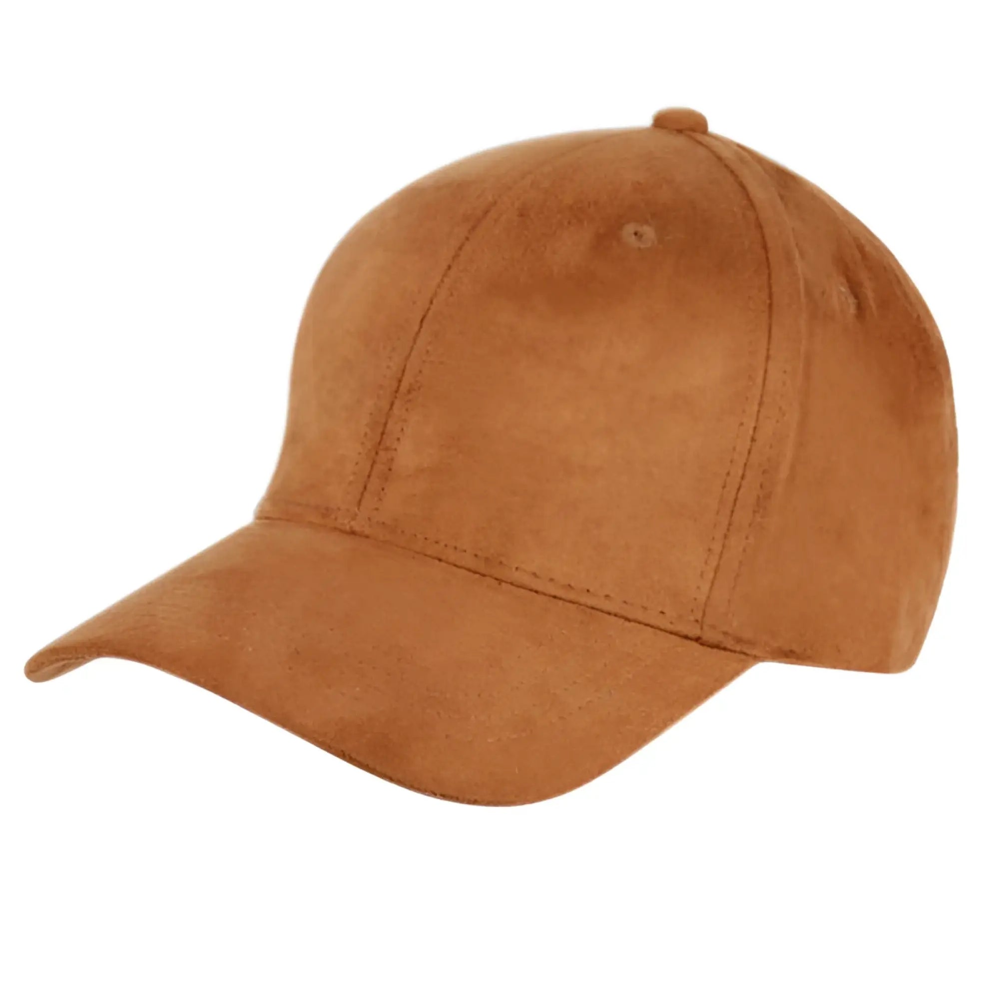 Tan faux suede baseball cap with curved brim and stitched paneling available in 8 colors for casual wear