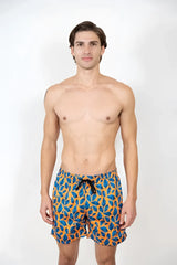 Men’s feather print swim shorts with vibrant blue and orange leaf pattern and black drawstring waistband