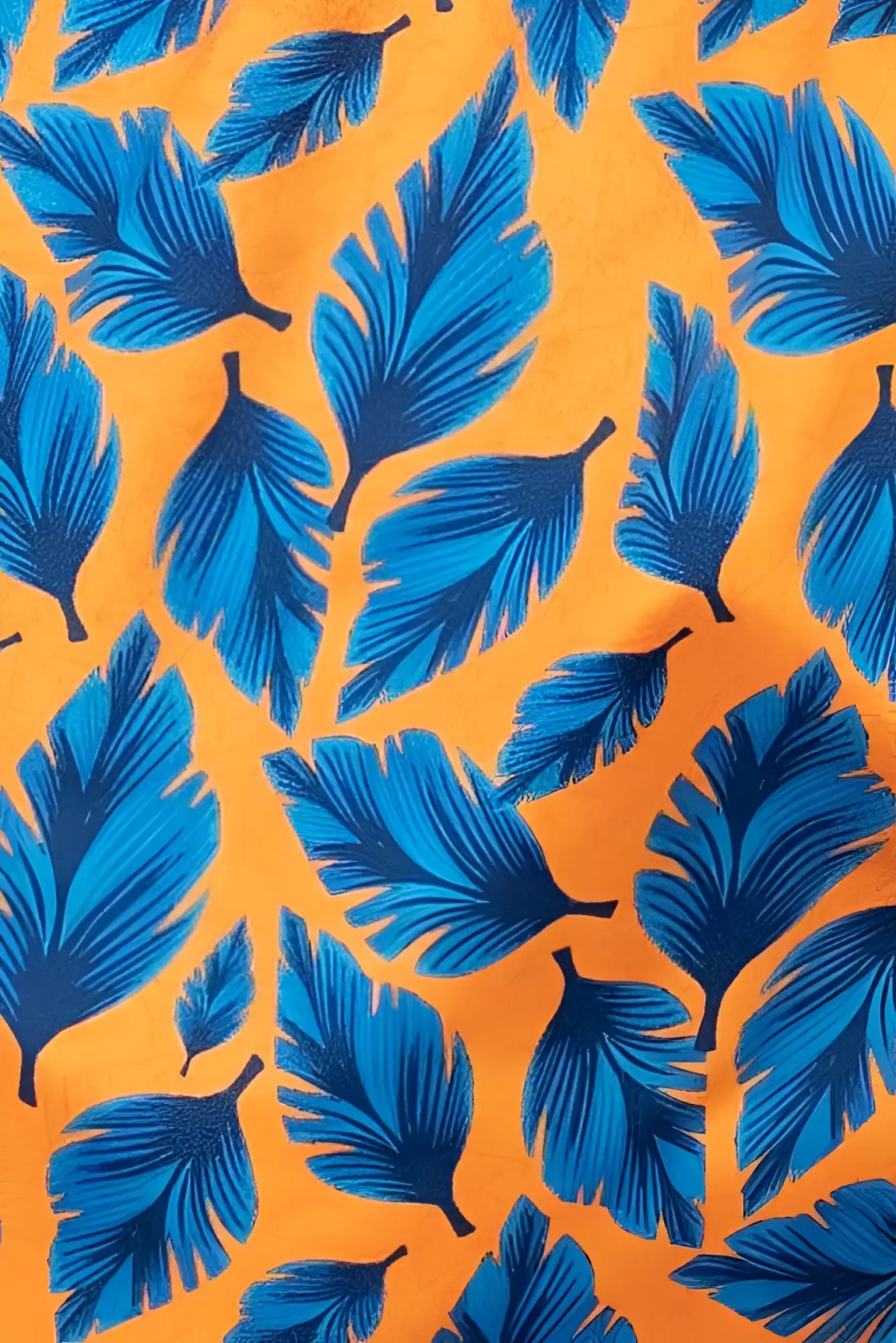 Feather print swim short featuring a vibrant blue feather pattern on warm orange fabric for stylish beachwear