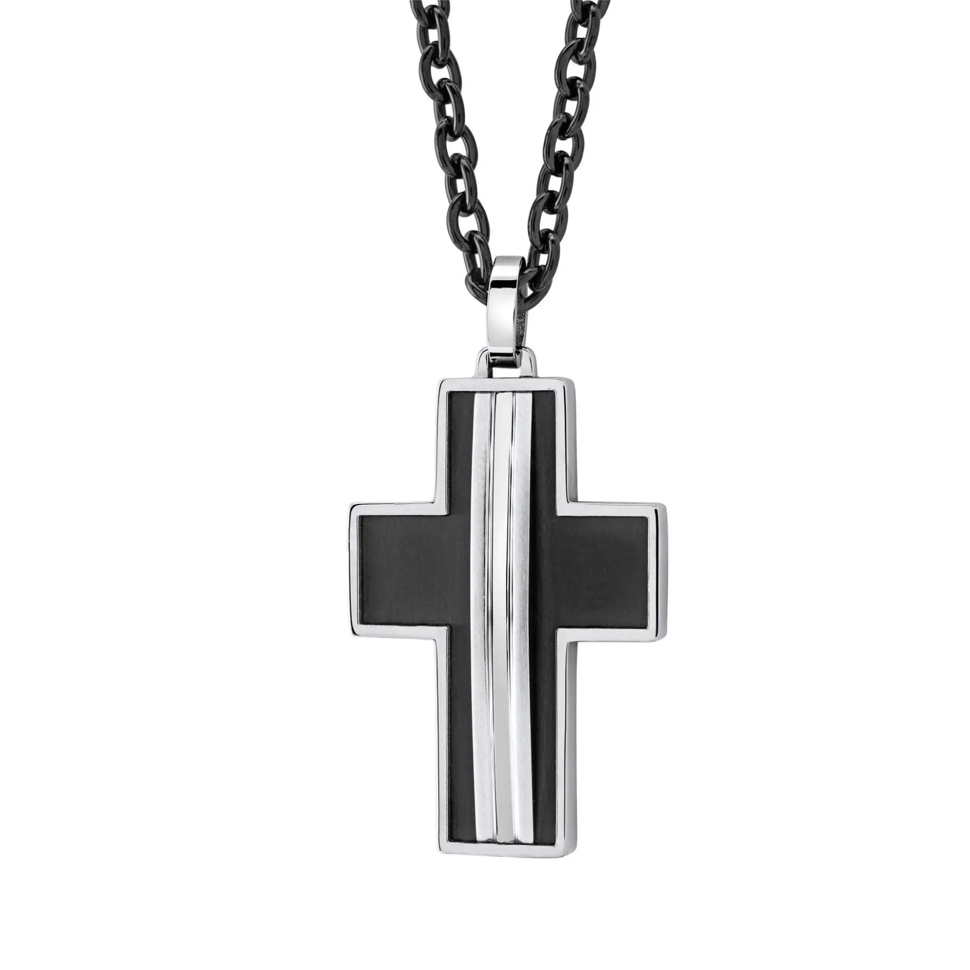 Fede cross pendant in black and silver with a sleek modern design featuring three vertical stripes at the center