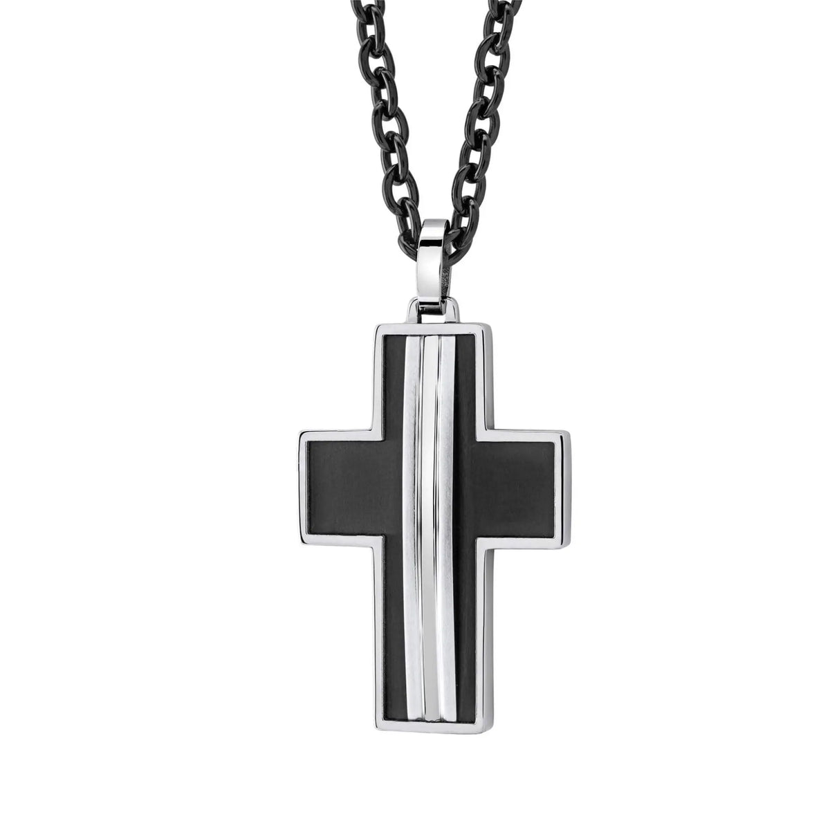 Fede cross pendant in black and silver with a sleek modern design featuring three vertical stripes at the center