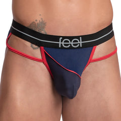 Navy blue and red mesh Feel FEK030 thong with black waistband and white feel logo on front side