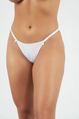 White thong bikini bottom with delicate bow ties at the sides from Femme X Thongs tri pack waistband detail visible