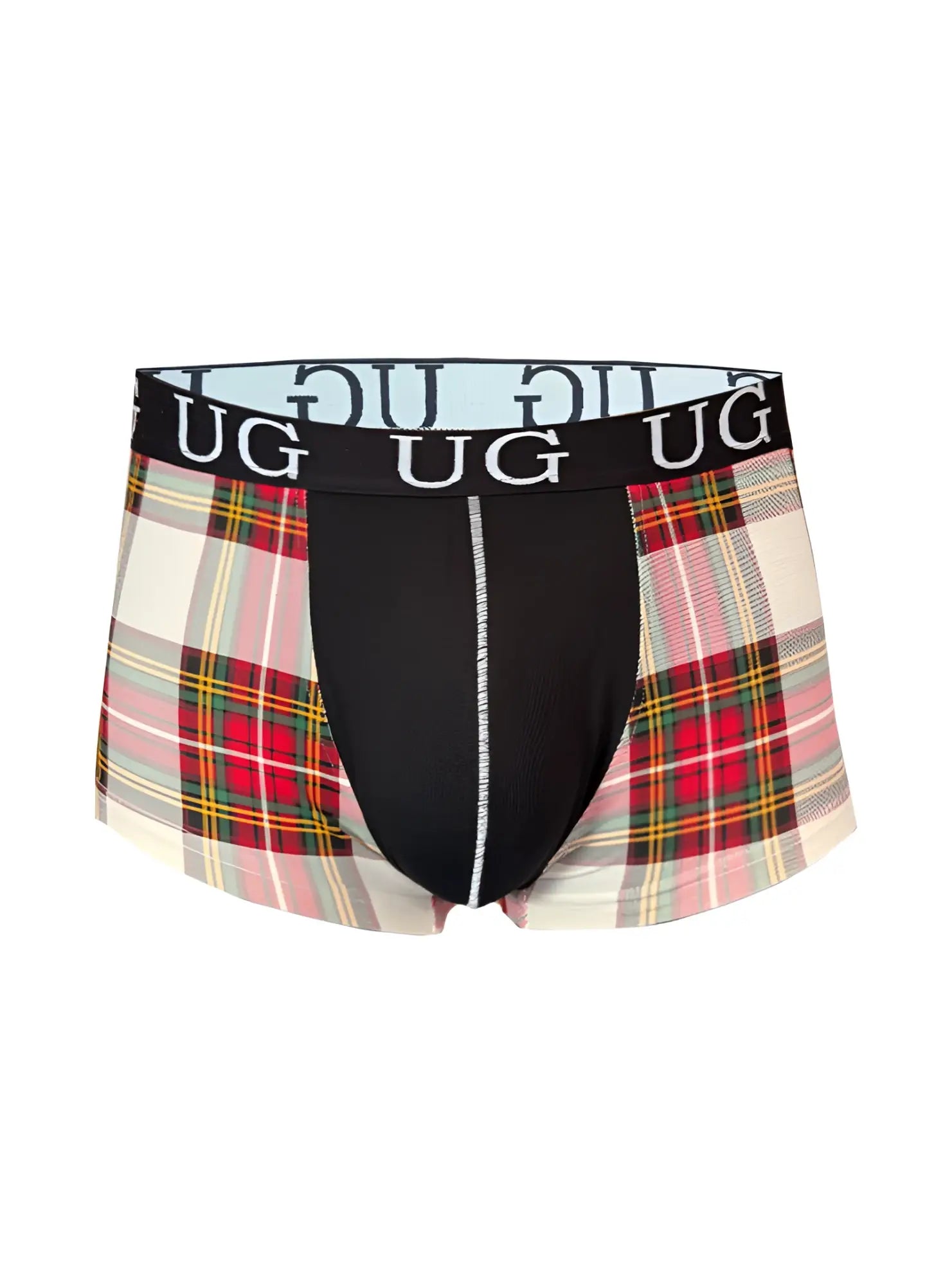 Black and plaid patterned festive comfort men’s cotton trunk boxer briefs with branded waistband for everyday wear