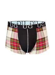 Black and plaid patterned festive comfort men’s cotton trunk boxer briefs with branded waistband for everyday wear