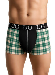 Festive comfort men’s cotton trunk boxer briefs in green and cream plaid with black panel and ug logo waistband