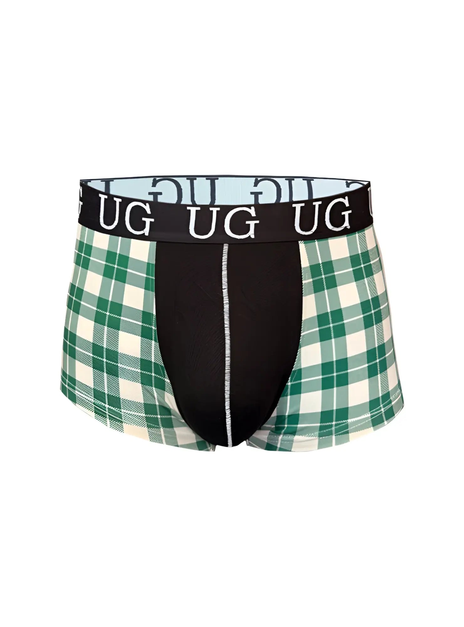 Festive comfort men’s cotton trunk boxer briefs with green and white plaid and black panel with ug logo waistband