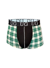 Festive comfort men’s cotton trunk boxer briefs with green and white plaid and black panel with ug logo waistband
