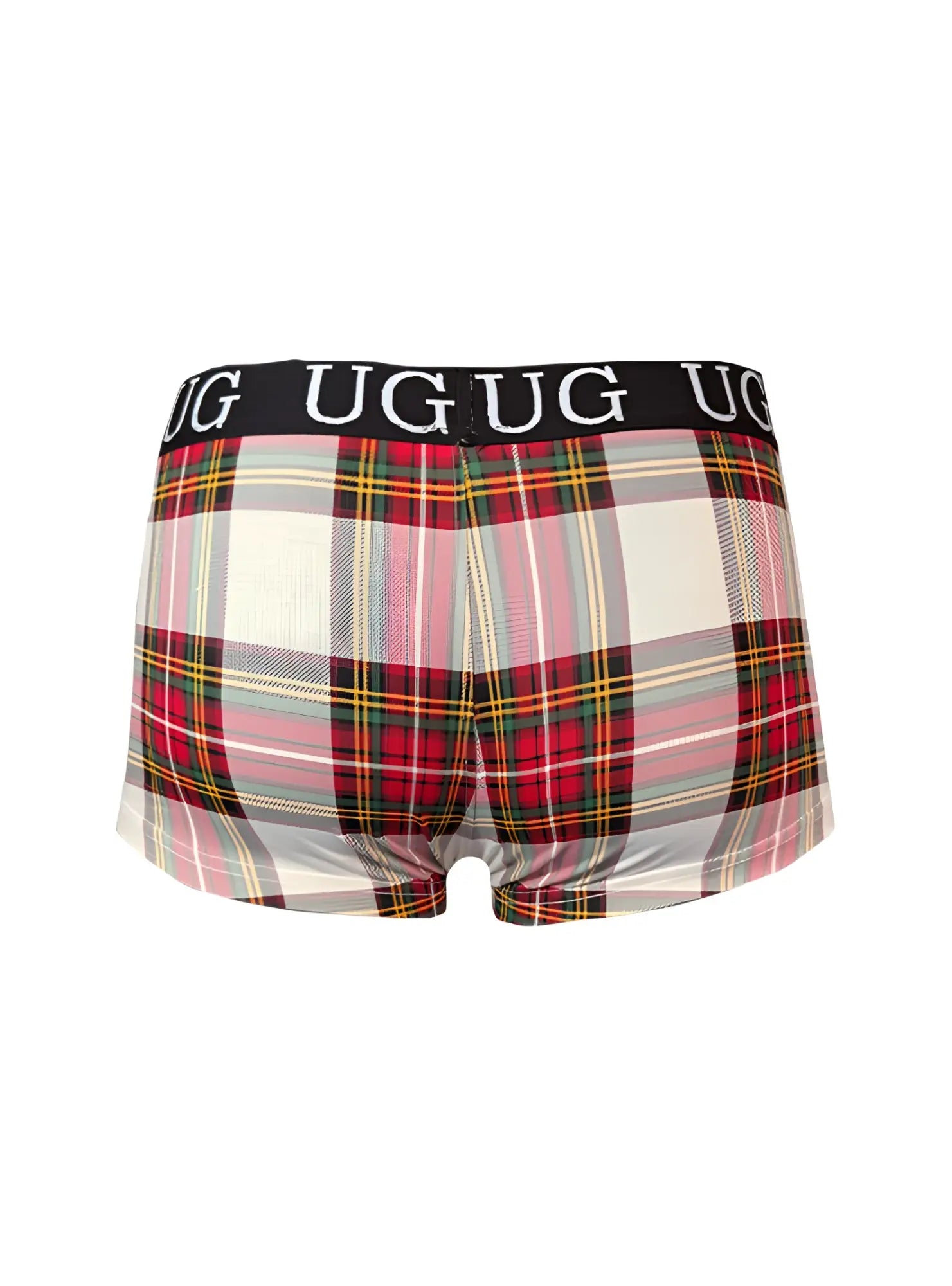 Festive comfort men’s cotton trunk underwear with white base plaid pattern featuring red pink and green stripes