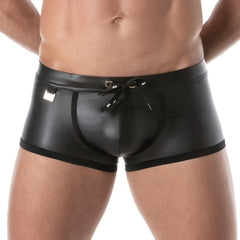 Fetish swim trunks made of black patent leather with a drawstring waistband and side pockets