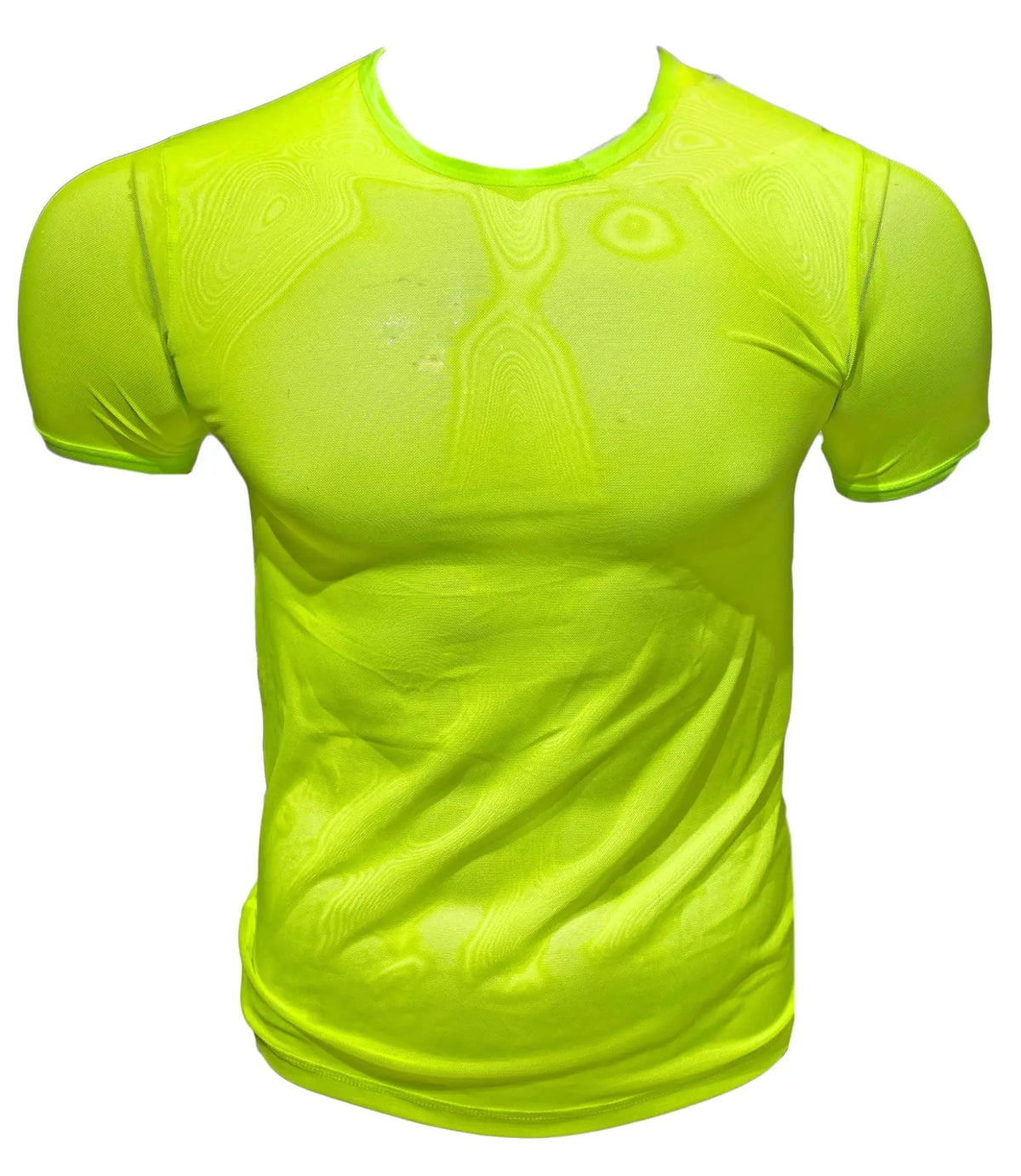 Bright neon yellow fine mesh tee moisture-wicking athletic shirt with subtle textured pattern for activewear
