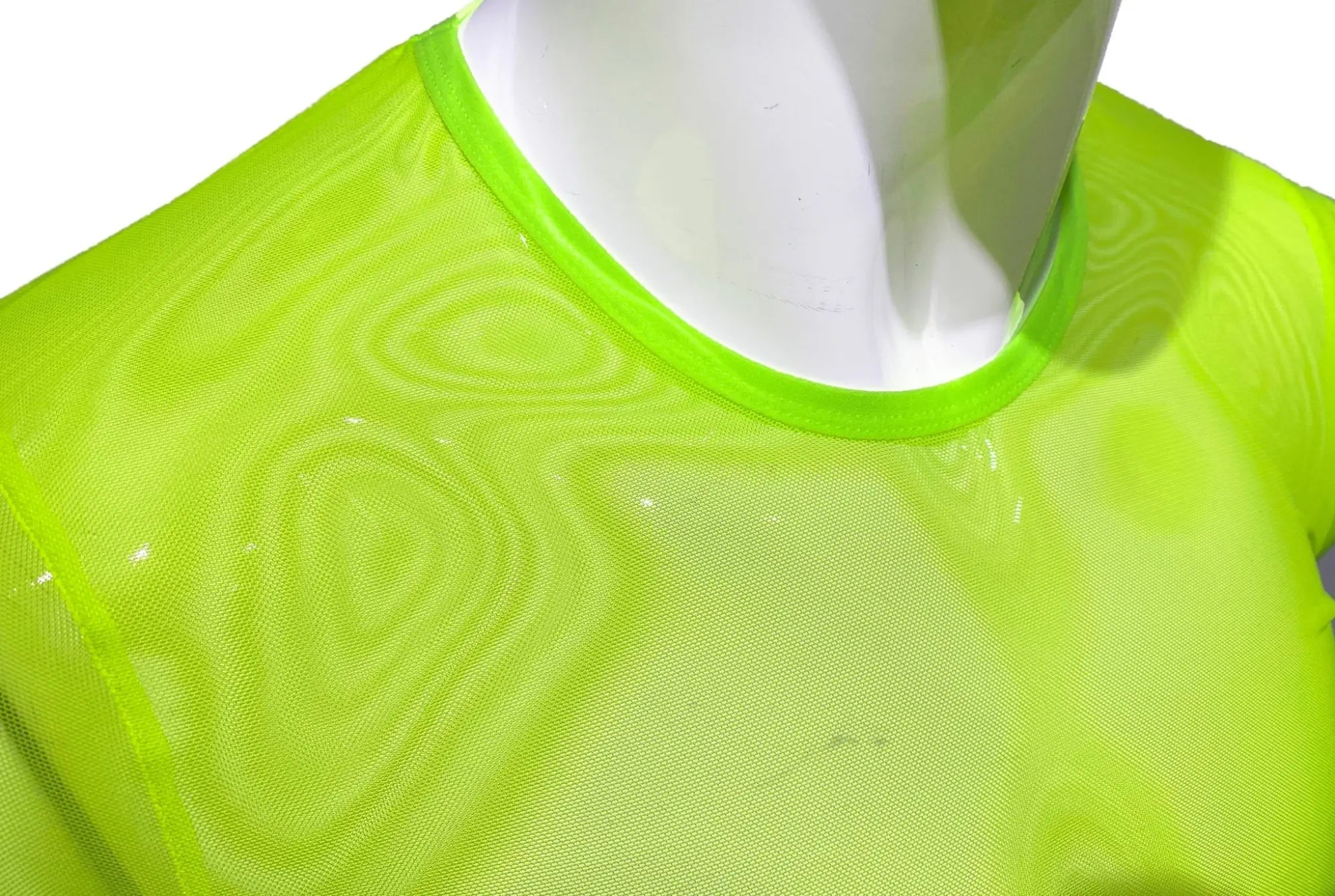 Fine mesh tee neon green mesh athletic shirt with matching ribbed crew neck for breathable activewear