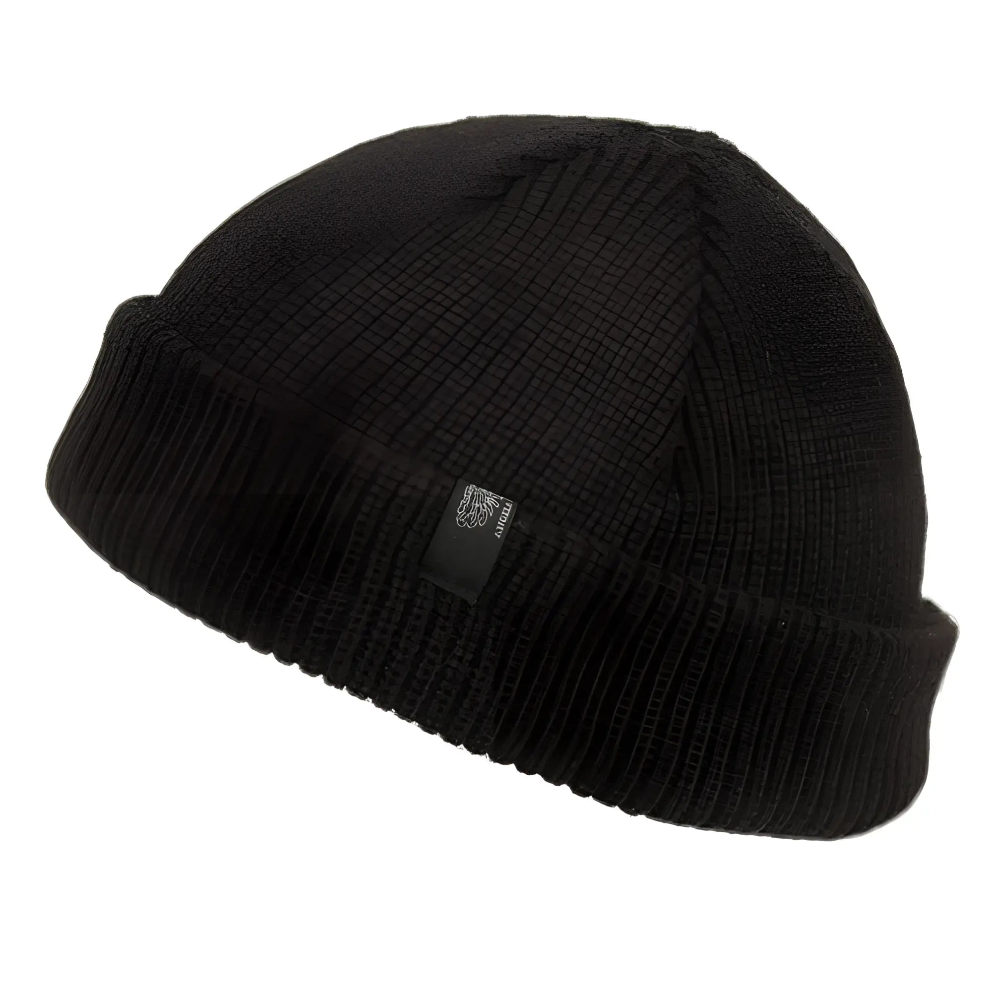 Black ribbed knit fisherman dock beanie with folded cuff and small embroidered logo available in 4 colors