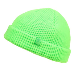 Neon green ribbed knit fisherman dock knit cuff beanie with a folded cuff and small logo tag in 4 colors available