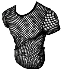 Black fishnet tee with short sleeves and round neckline made of mesh material for a stylish breathable look