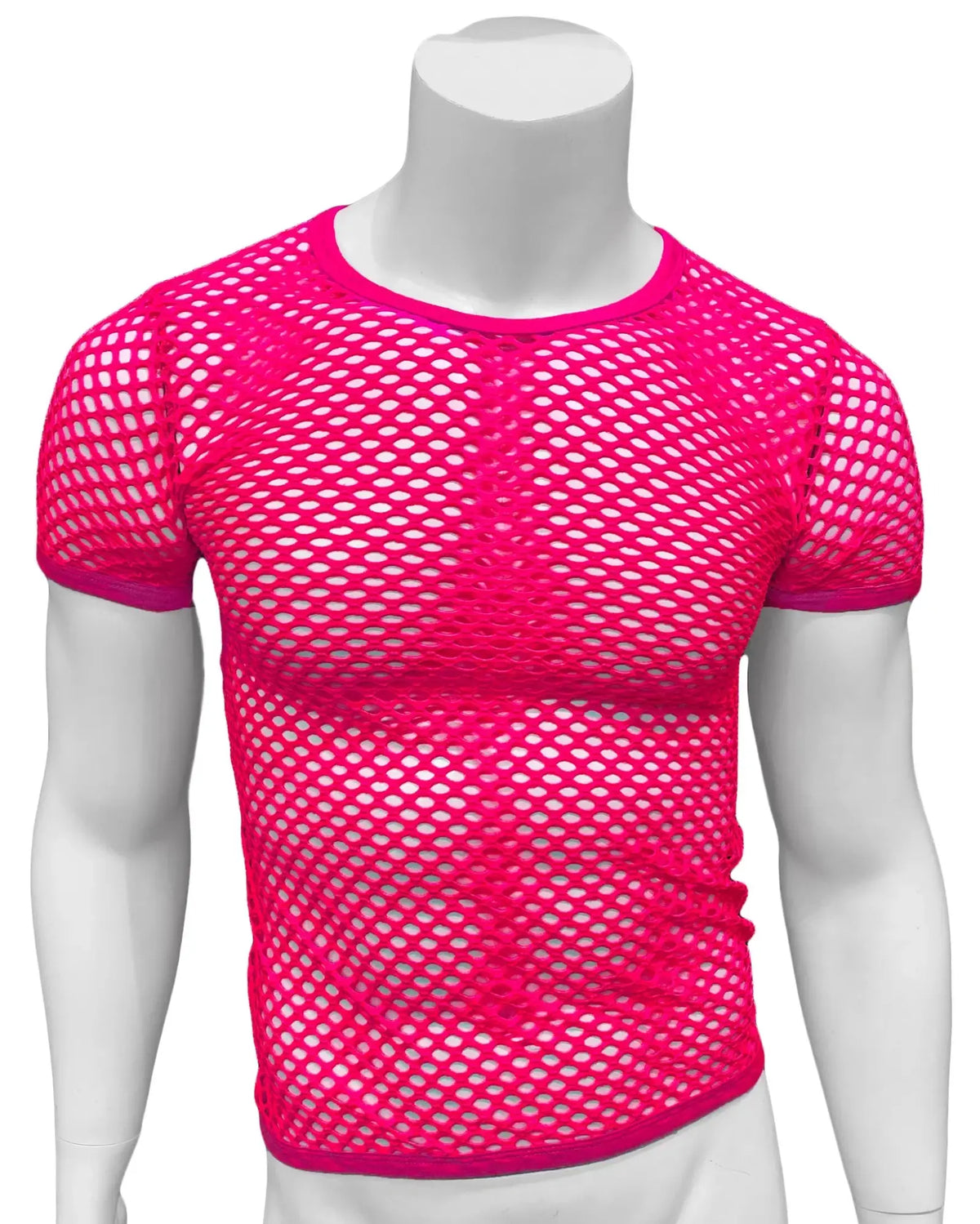 Bright pink fishnet tee with short sleeves and round neckline made of mesh material for casual wear