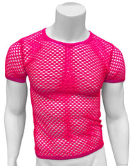 Bright pink fishnet tee with short sleeves and round neckline made of mesh material for casual wear
