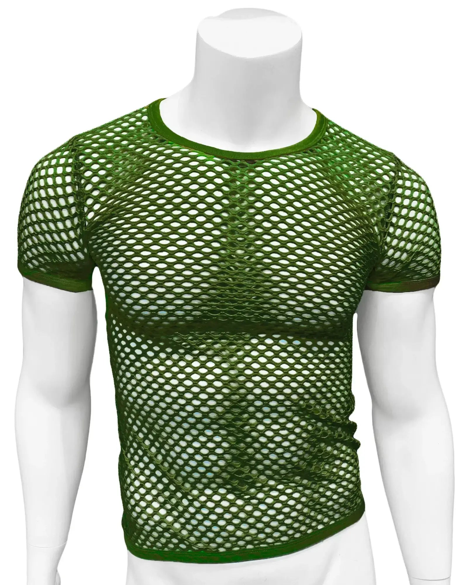 Green fishnet tee with short sleeves round neckline and solid green trim made of mesh material