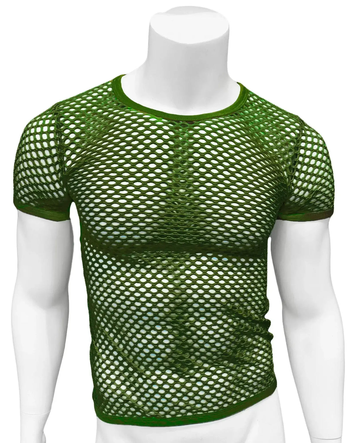 Green fishnet tee with short sleeves round neckline and solid green trim made of mesh material