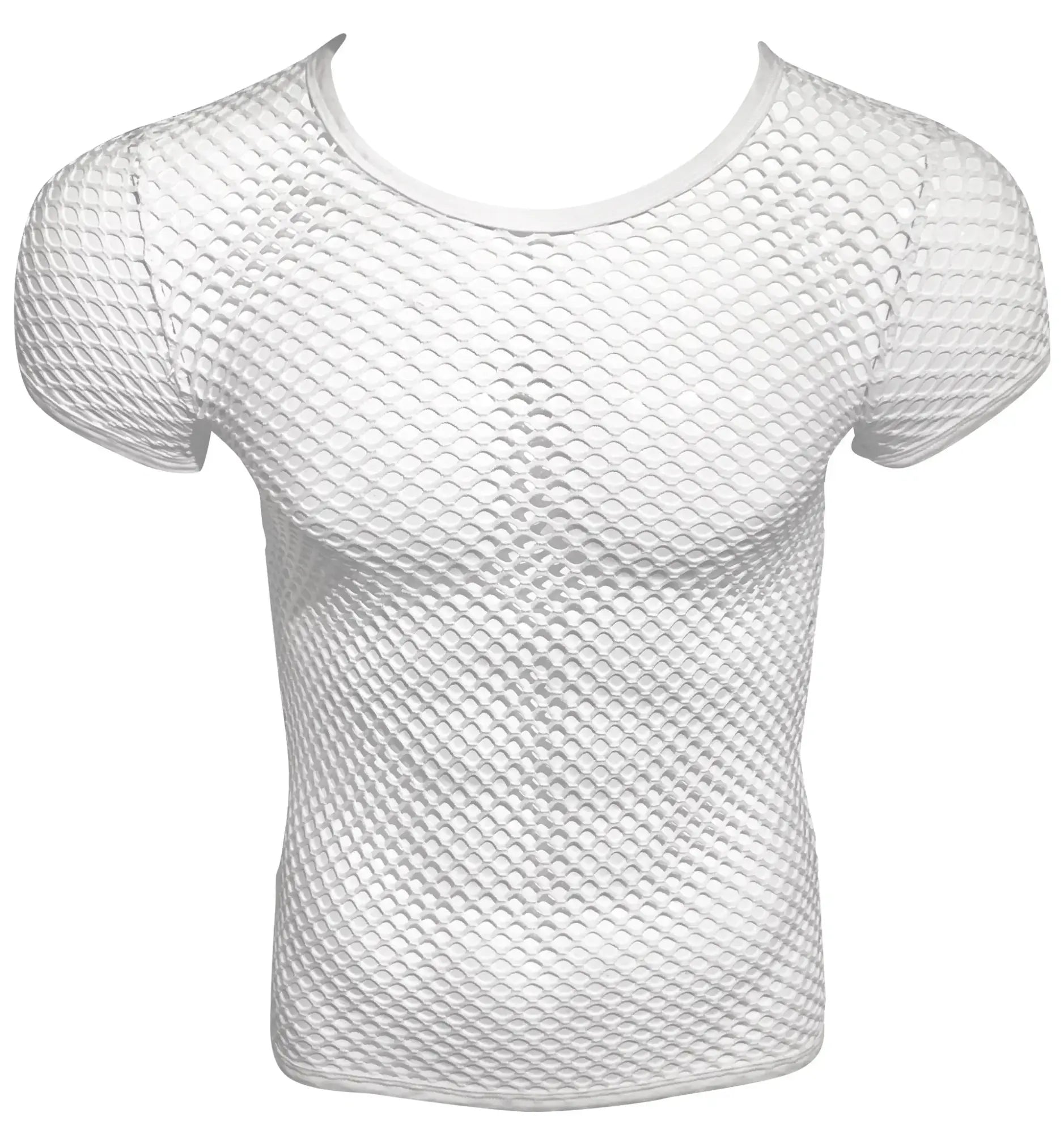 White mesh fishnet tee short-sleeved top with a fitted form-fitting design perfect for layering or casual wear