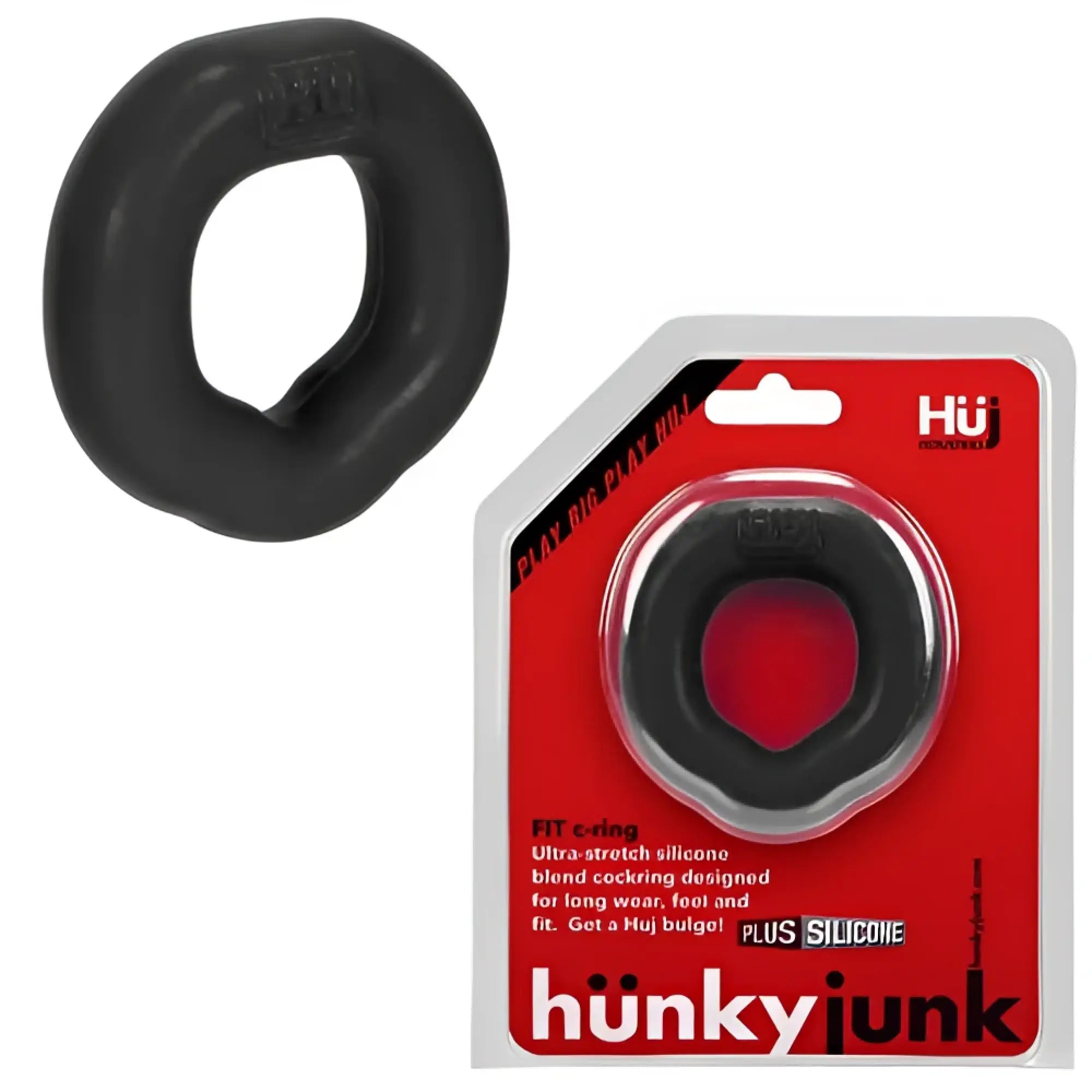 Black silicone fit ergo long-wear c-ring with a smooth textured surface and hü brand name embossed on it