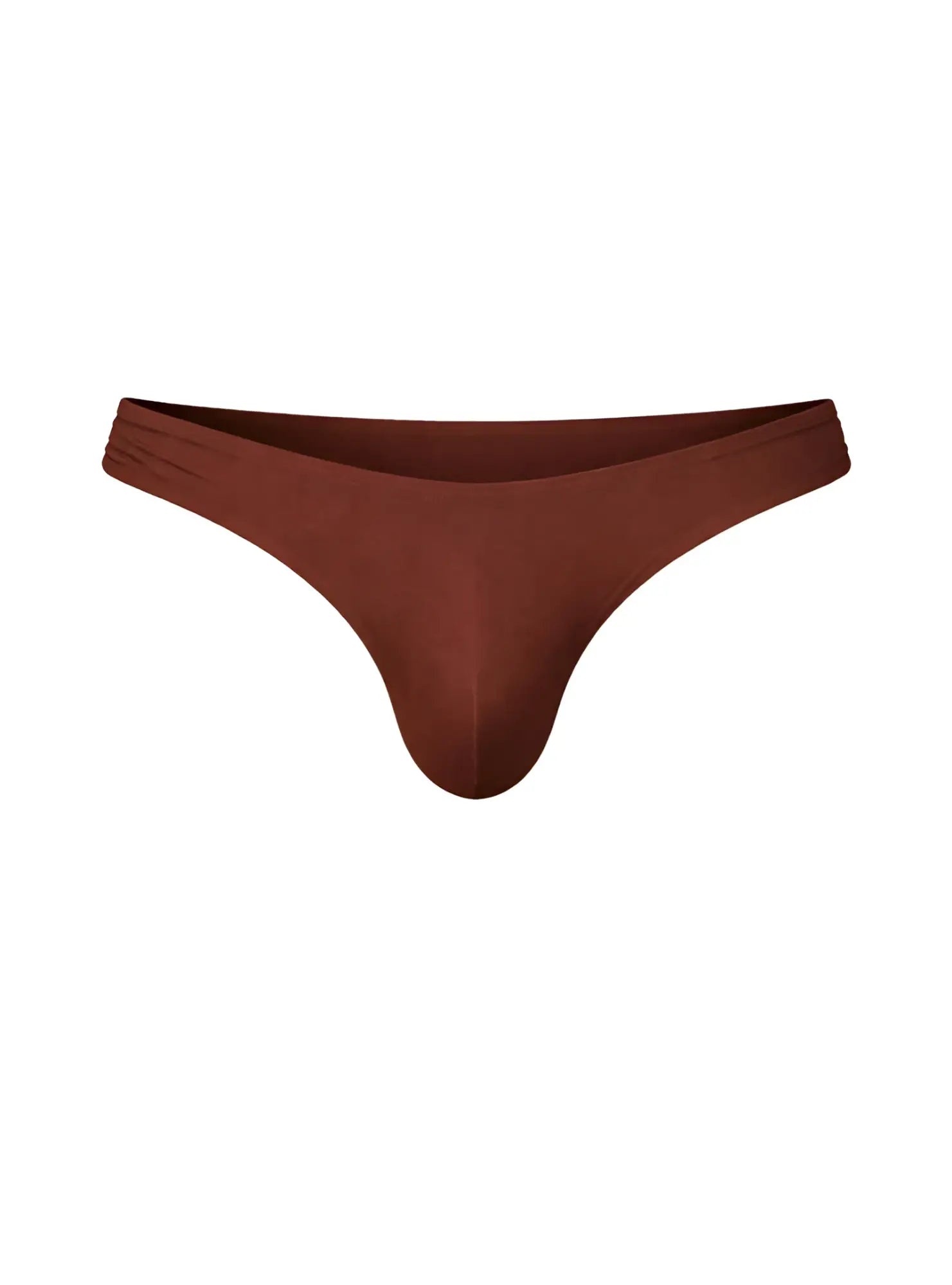Brown fizx full coverage men’s bikini thong with smooth seamless design and ruched waistband visible from back side