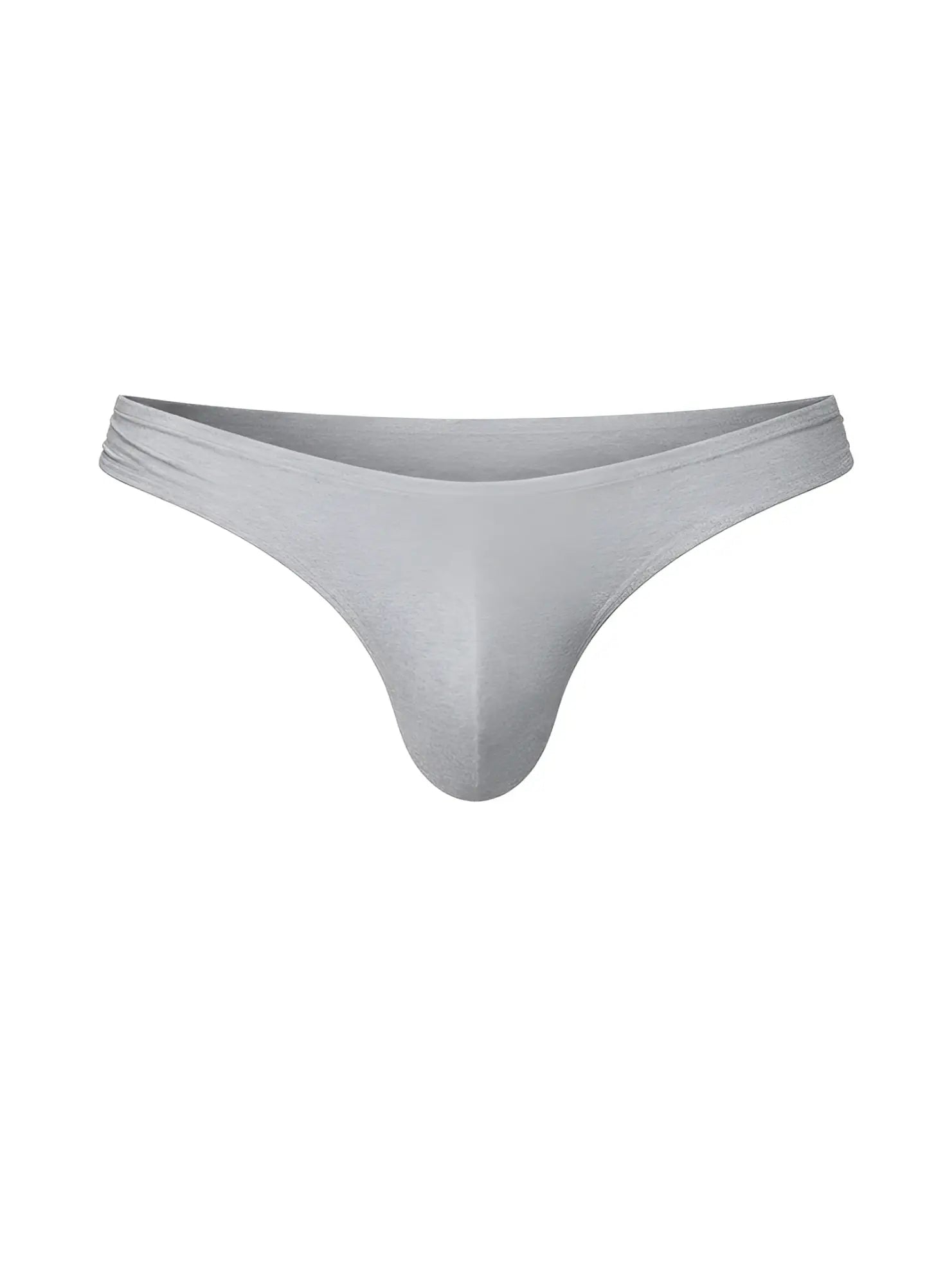 Gray, seamless thong made of soft fabric with a contoured design.