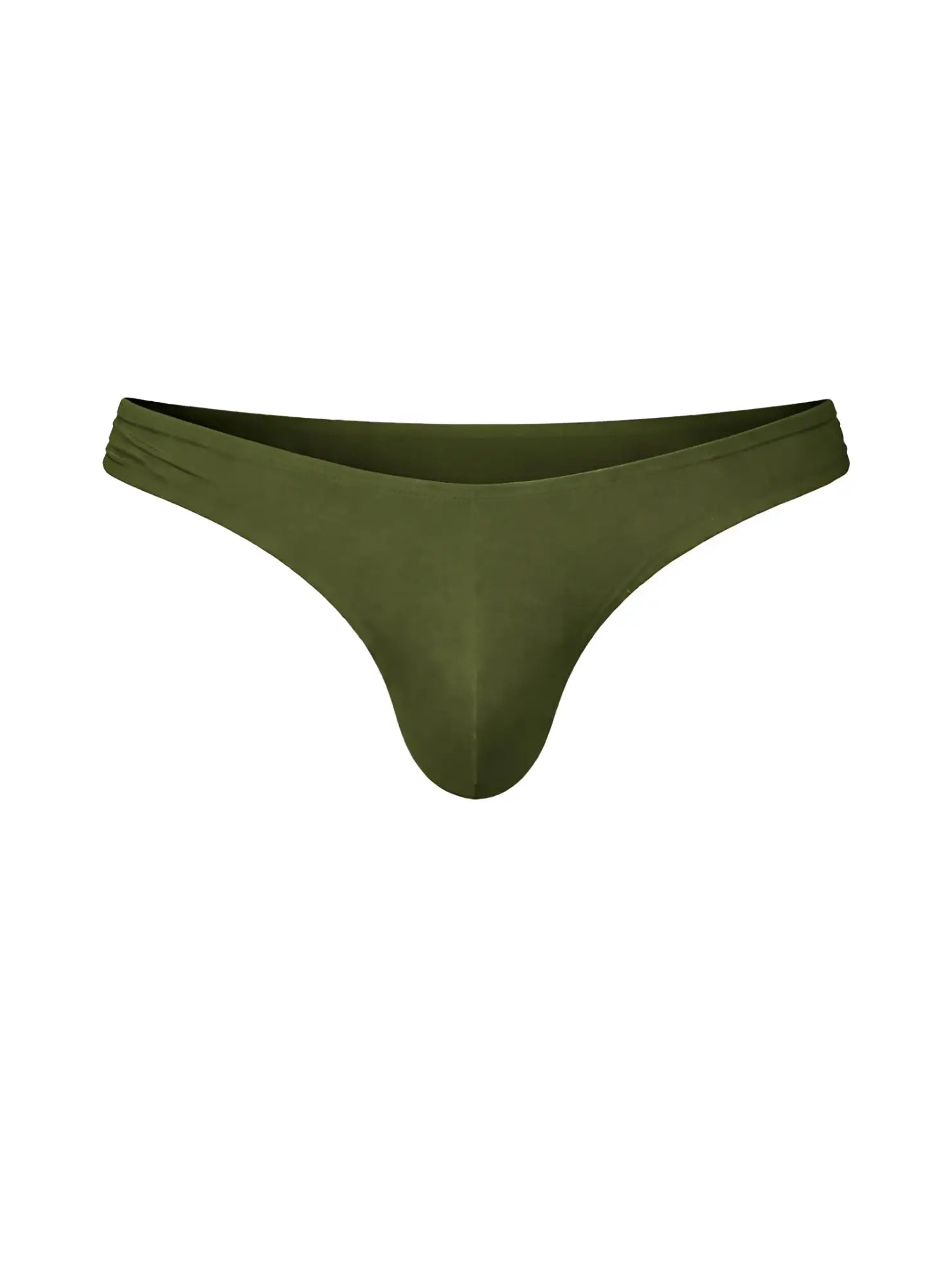 Olive green fizx full coverage men’s bikini thong made of smooth stretchy fabric with gathered waistband shown from back