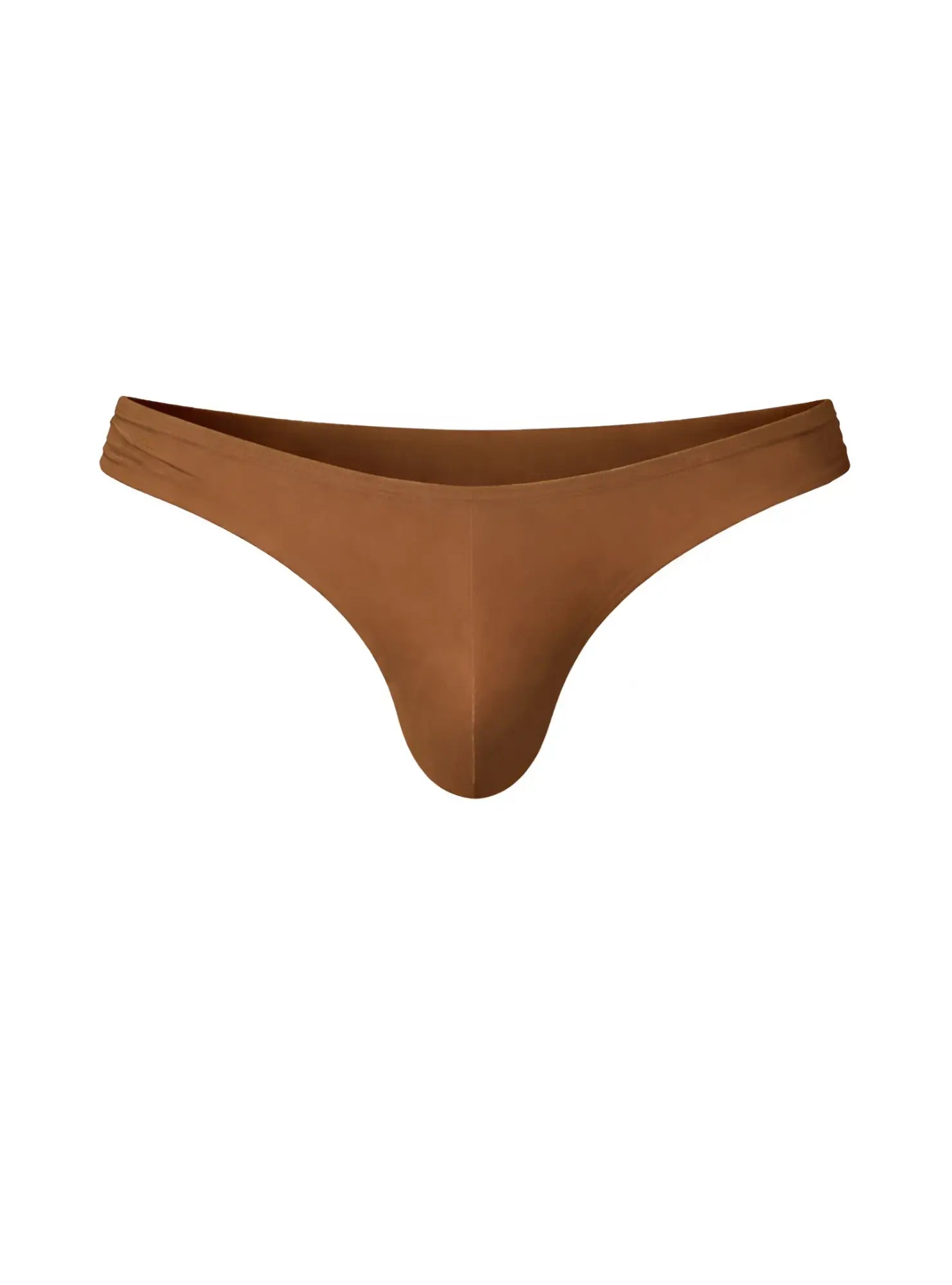 Tan seamless thong with gathered waistband made of smooth fabric from fizx full coverage men’s bikini collection