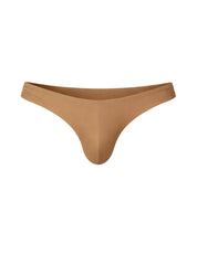 Tan seamless thong made of smooth stretchy fabric shown from the back in fizx full coverage men’s bikini design