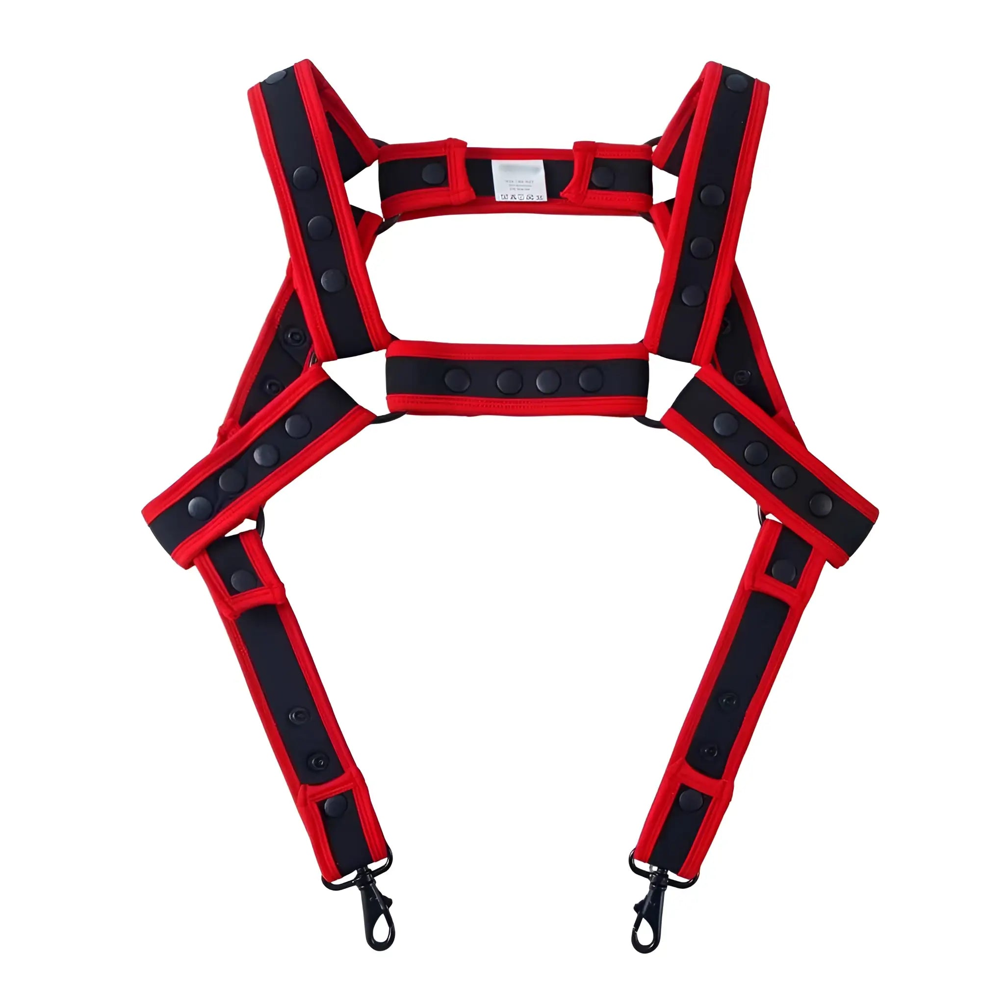 Red and black reflective Fizx harness with adjustable straps and metal hooks for safety and secure use