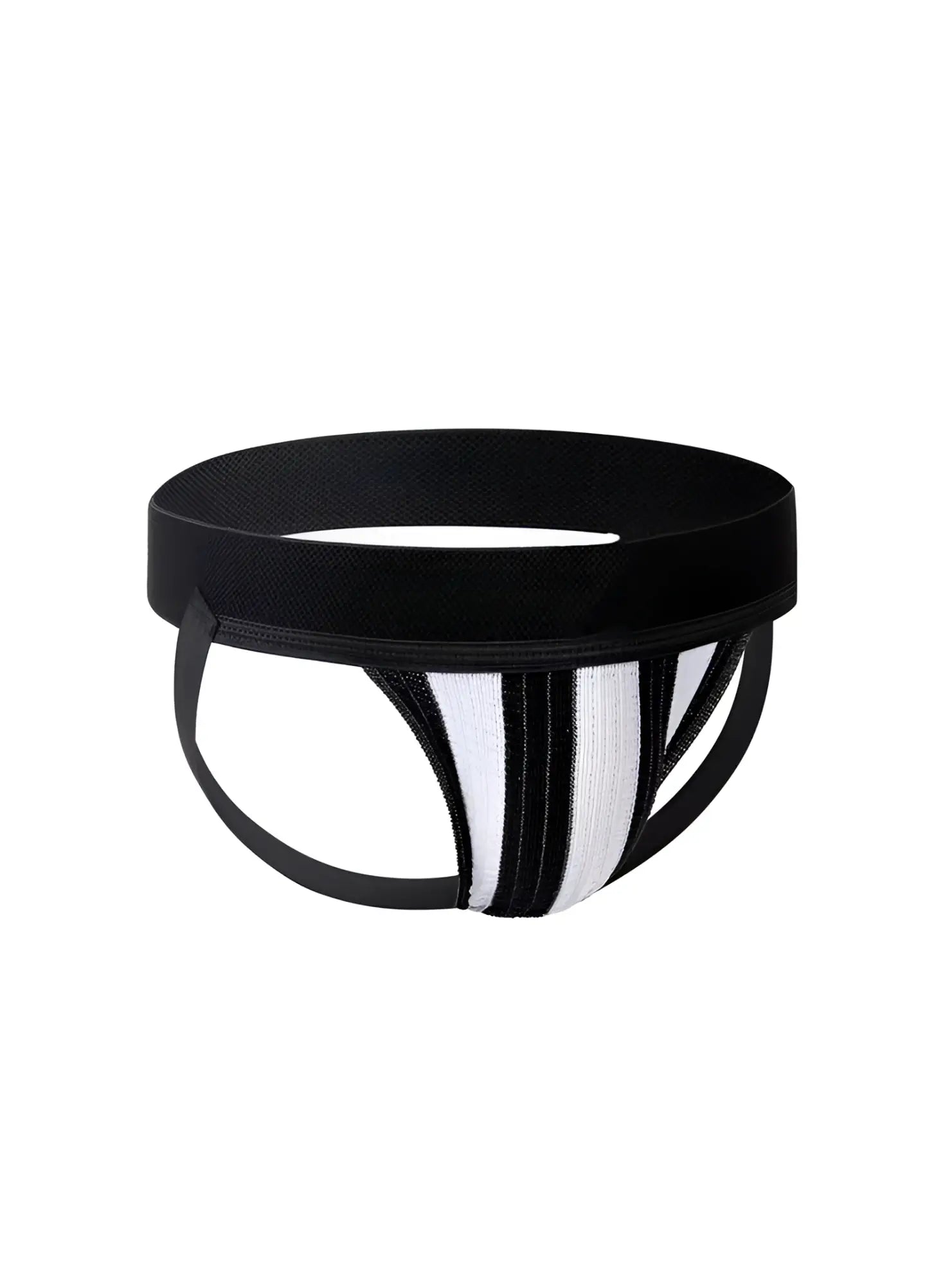 Black and white striped Fizx James knit jockstrap with supportive contoured design for athletic use