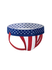 Fizx james knit jockstrap in red white and blue american flag colors with star-spangled waistband