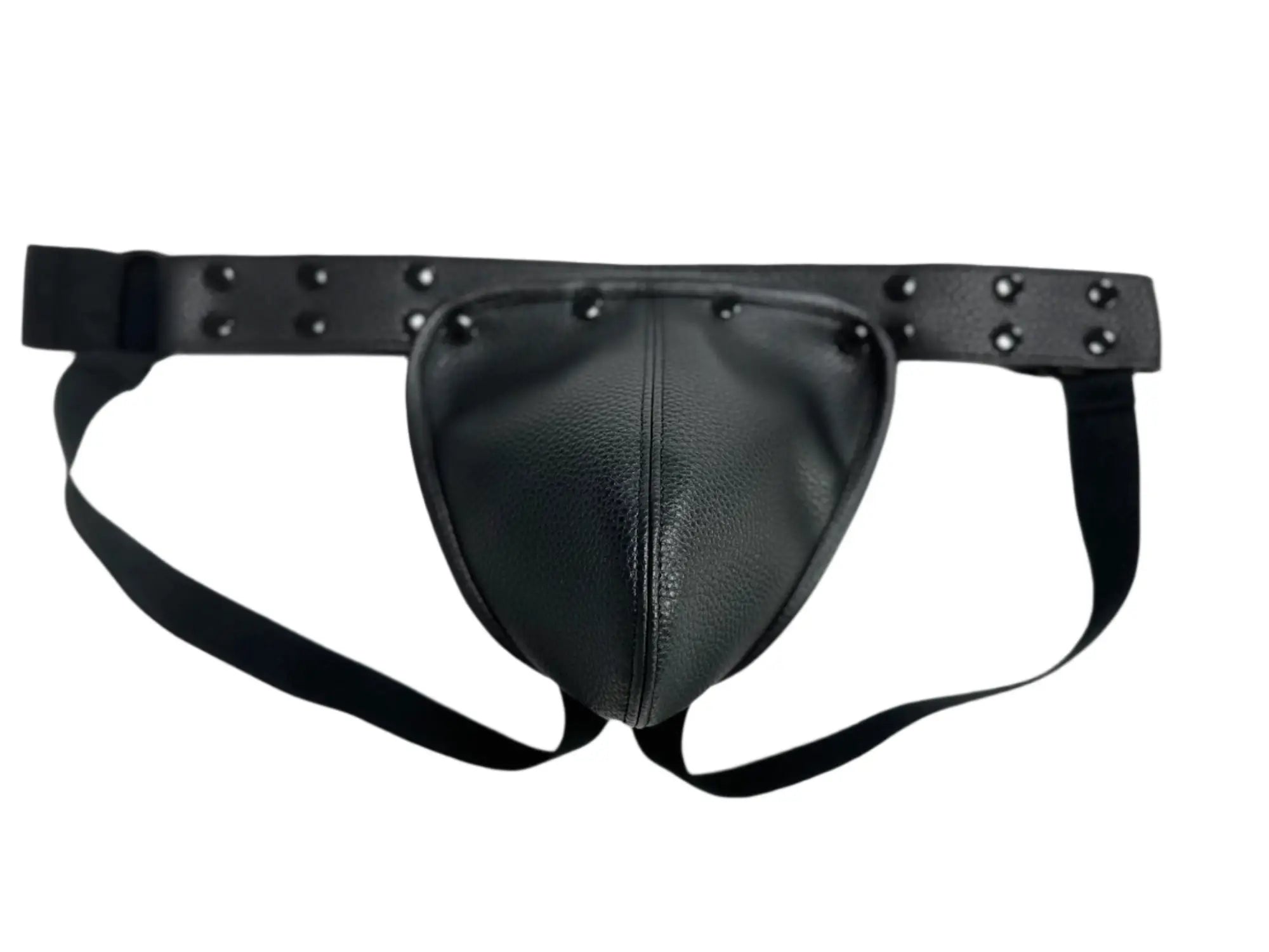 Black leather thong jockstrap with silver studs along the waistband and removable pouch front view