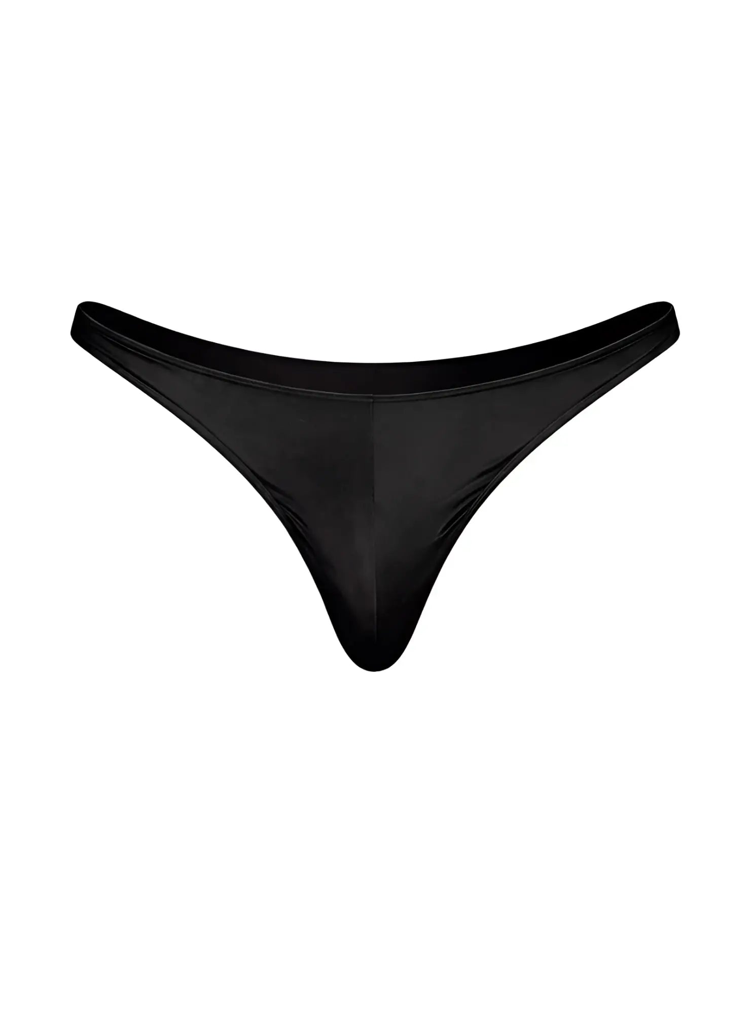 Black satin fizx rayon thong with smooth glossy finish and narrow waistband shown from the back side