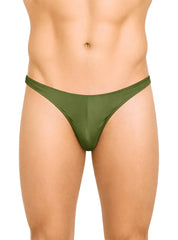 Olive green fizx rayon thong made of smooth stretchy fabric with a sleek minimalist design shown from the back