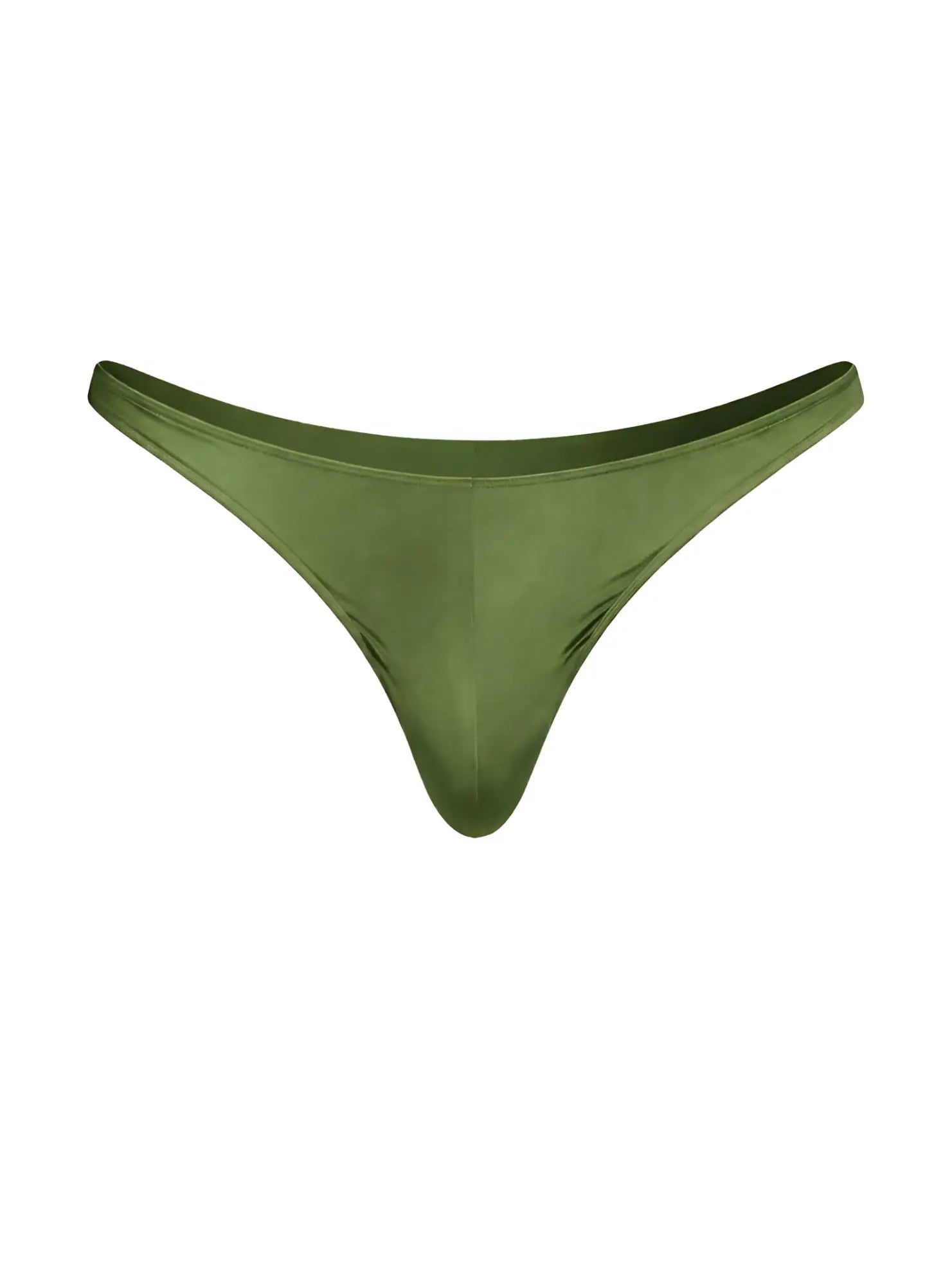 Olive green satin fizx rayon thong with smooth glossy finish and minimalistic design