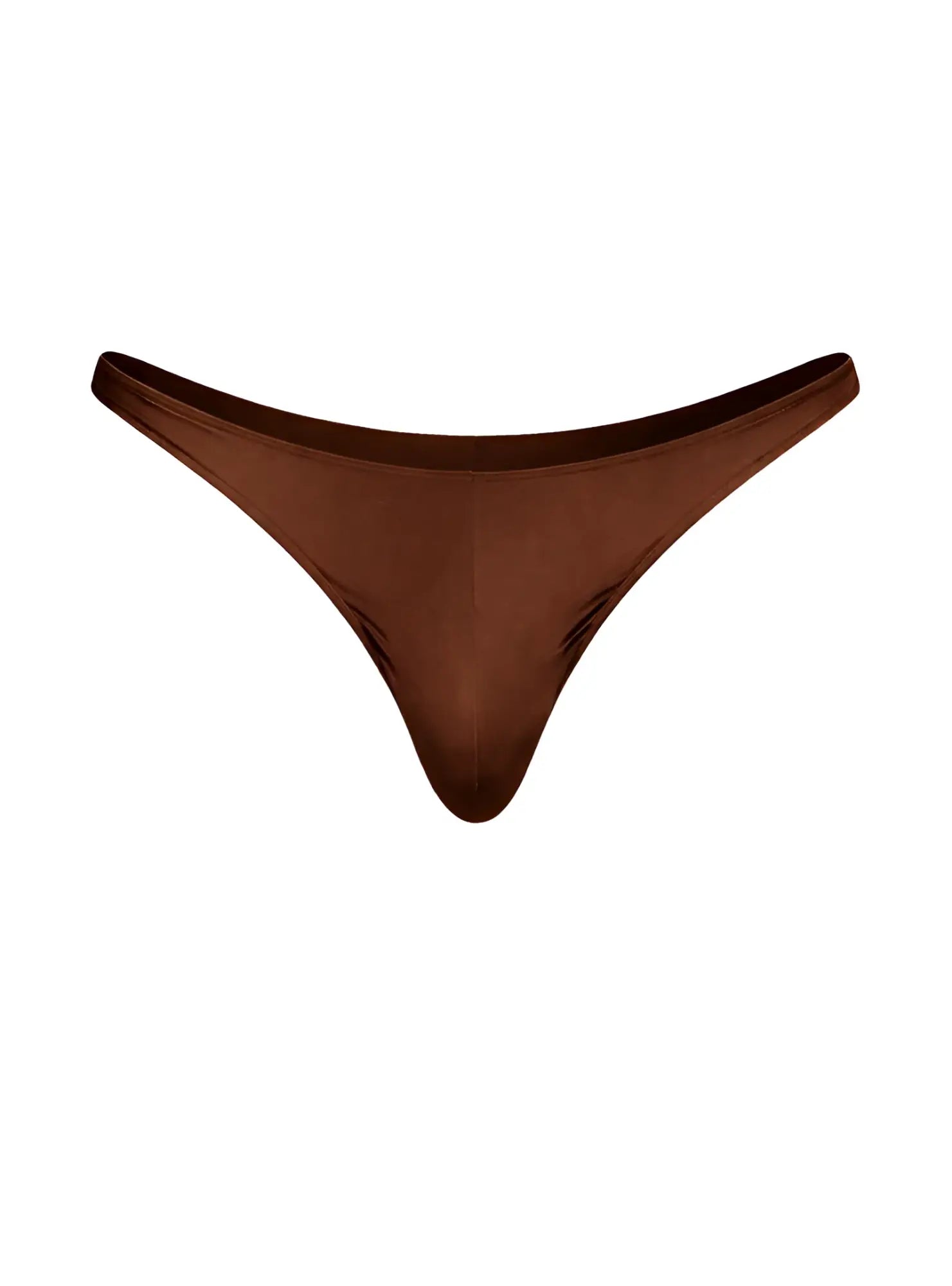 A sleek chocolate brown satin thong with a smooth glossy finish and minimalistic design fizx rayon thong