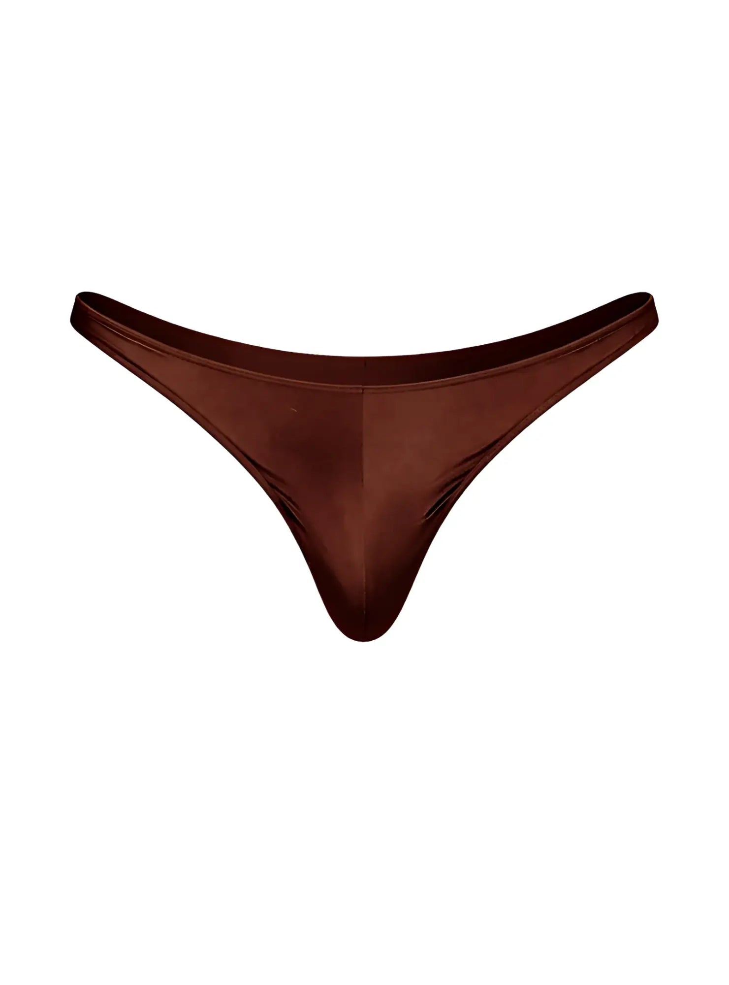 A sleek chocolate-brown satin fizx rayon thong with a smooth glossy finish and minimalistic design