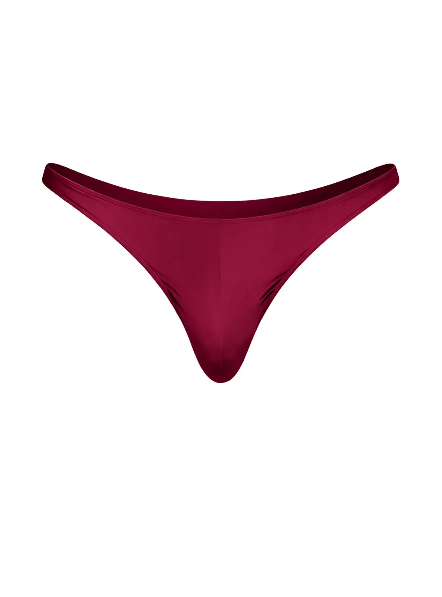 A sleek deep burgundy Fizx Rayon thong made of smooth satin fabric with a minimalist design shown from the back