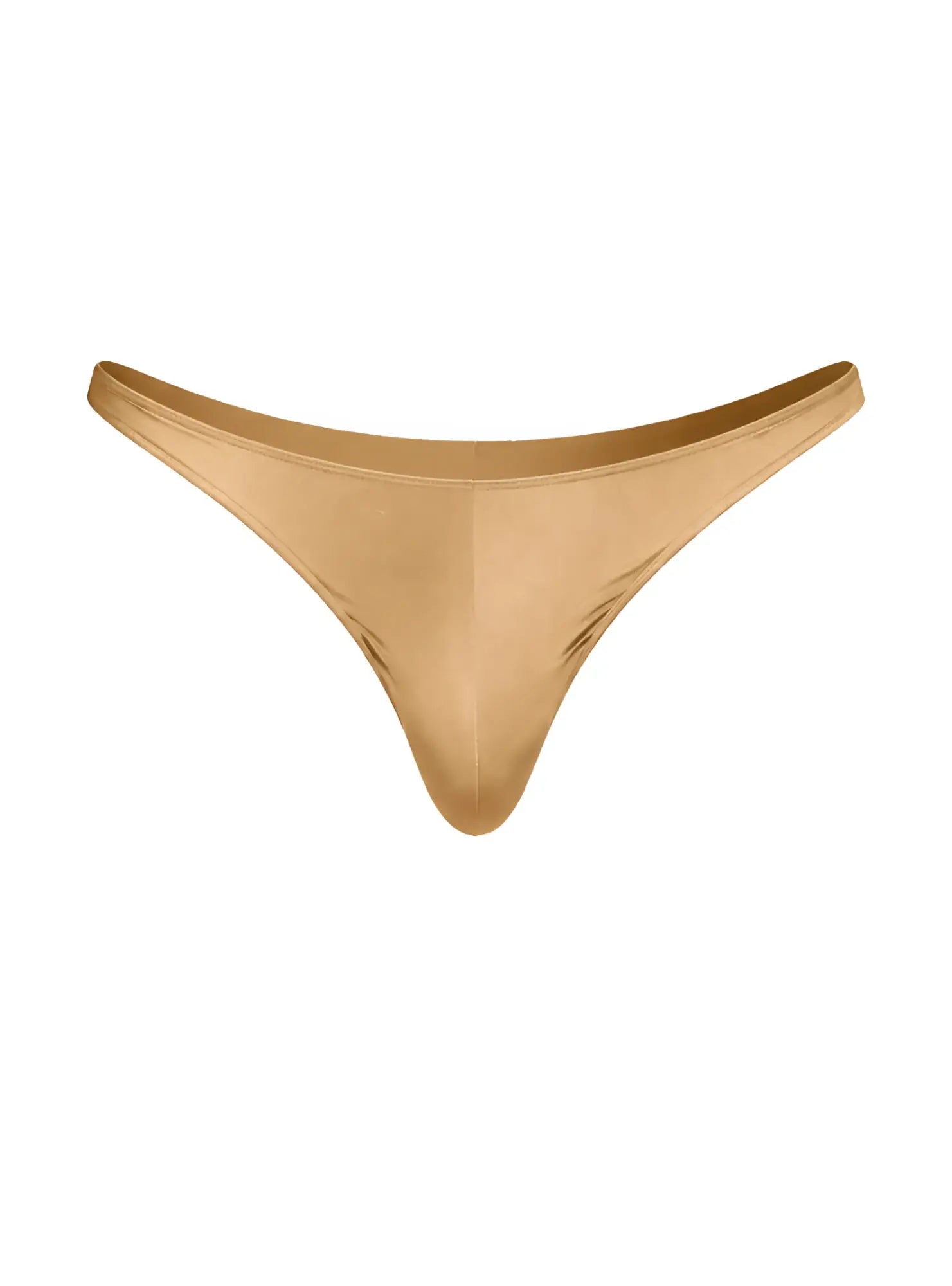 A sleek gold-colored fizx rayon thong made of smooth shiny fabric with minimalist design shown from the back side