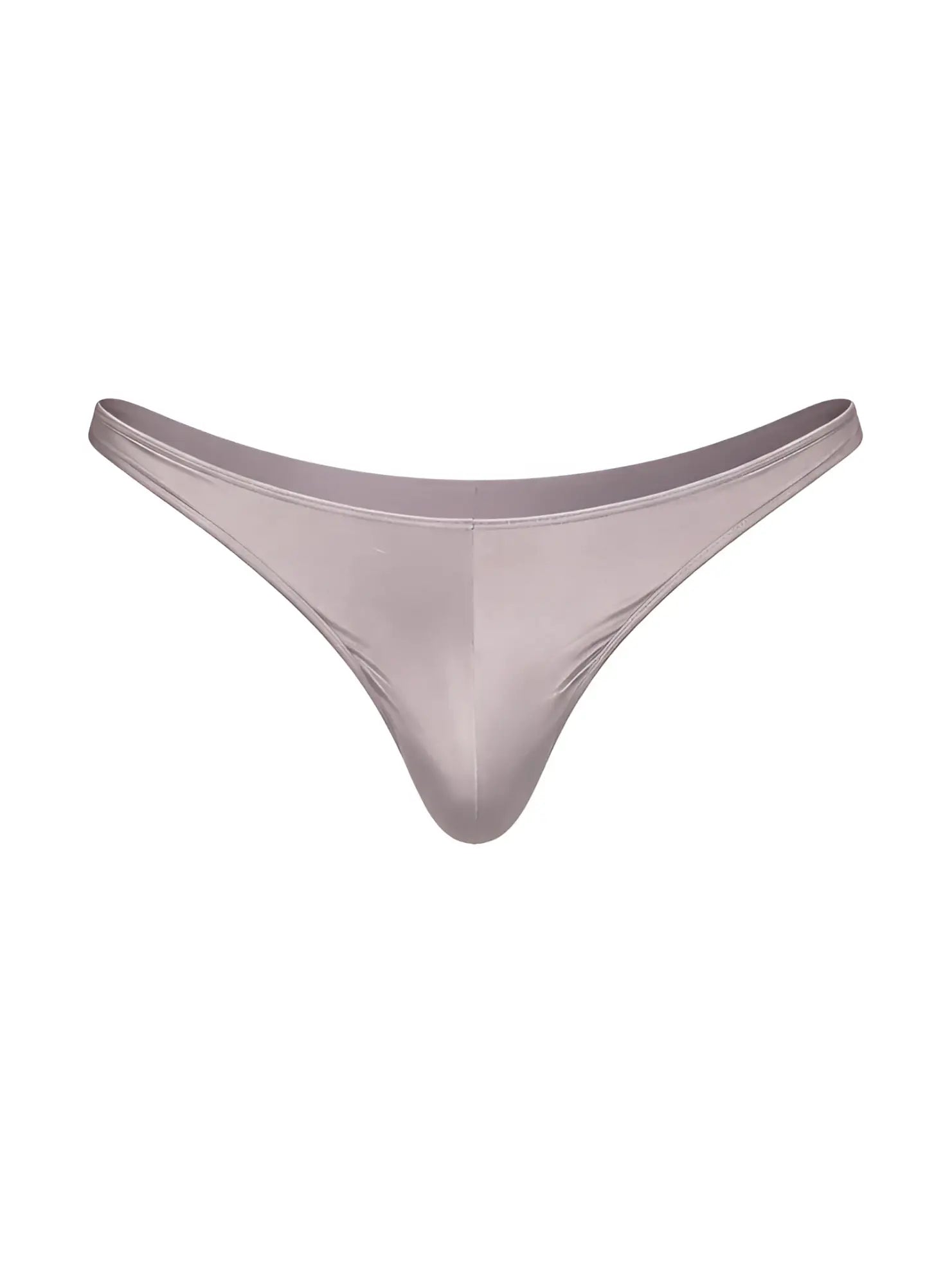 A sleek taupe fizx rayon thong made of smooth satin fabric with a minimalist design, front view