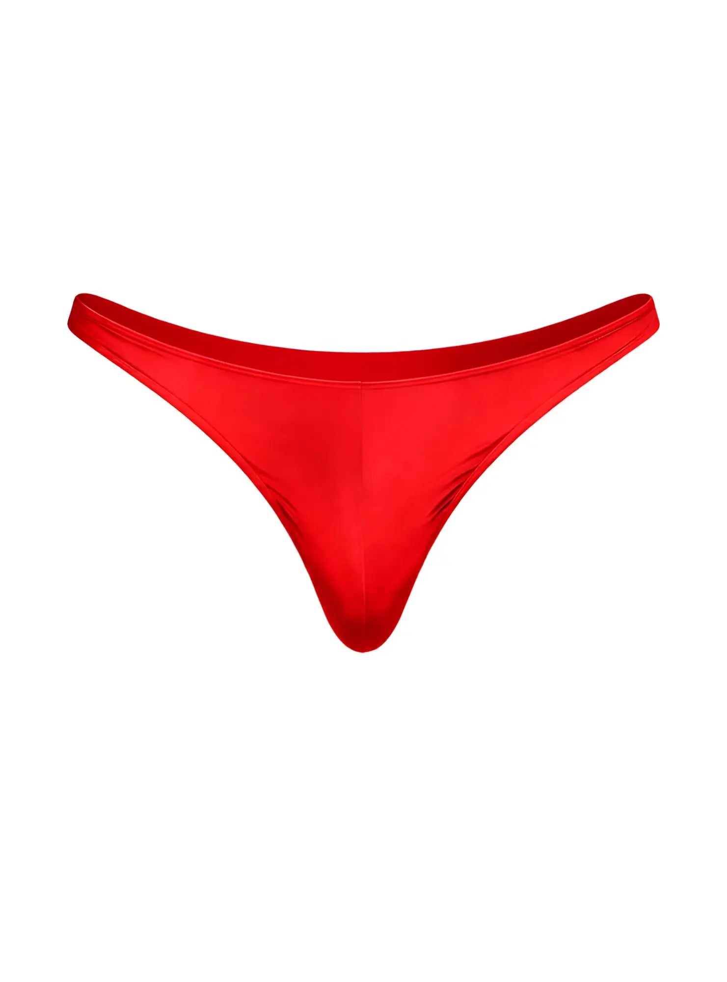 Vibrant red satin fizx rayon thong with smooth glossy finish and sleek minimalist design shown from the back side