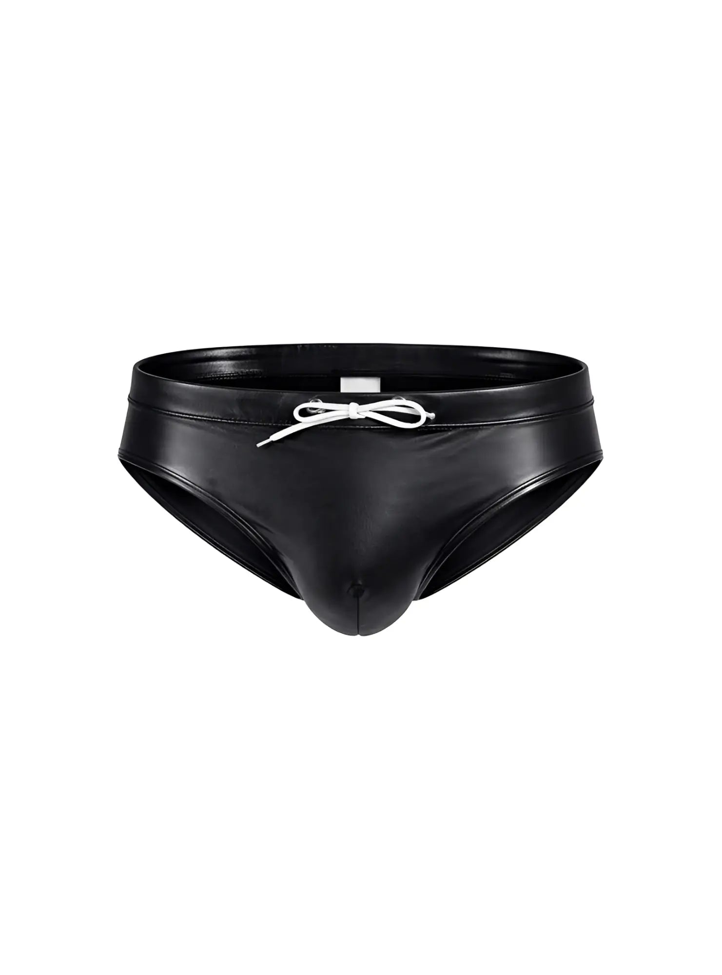 Black leather-like swim trunks with white drawstring bow waist part of fizx swim bikini with removable push pad