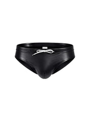 Black leather-like swim trunks with white drawstring bow waist part of fizx swim bikini with removable push pad