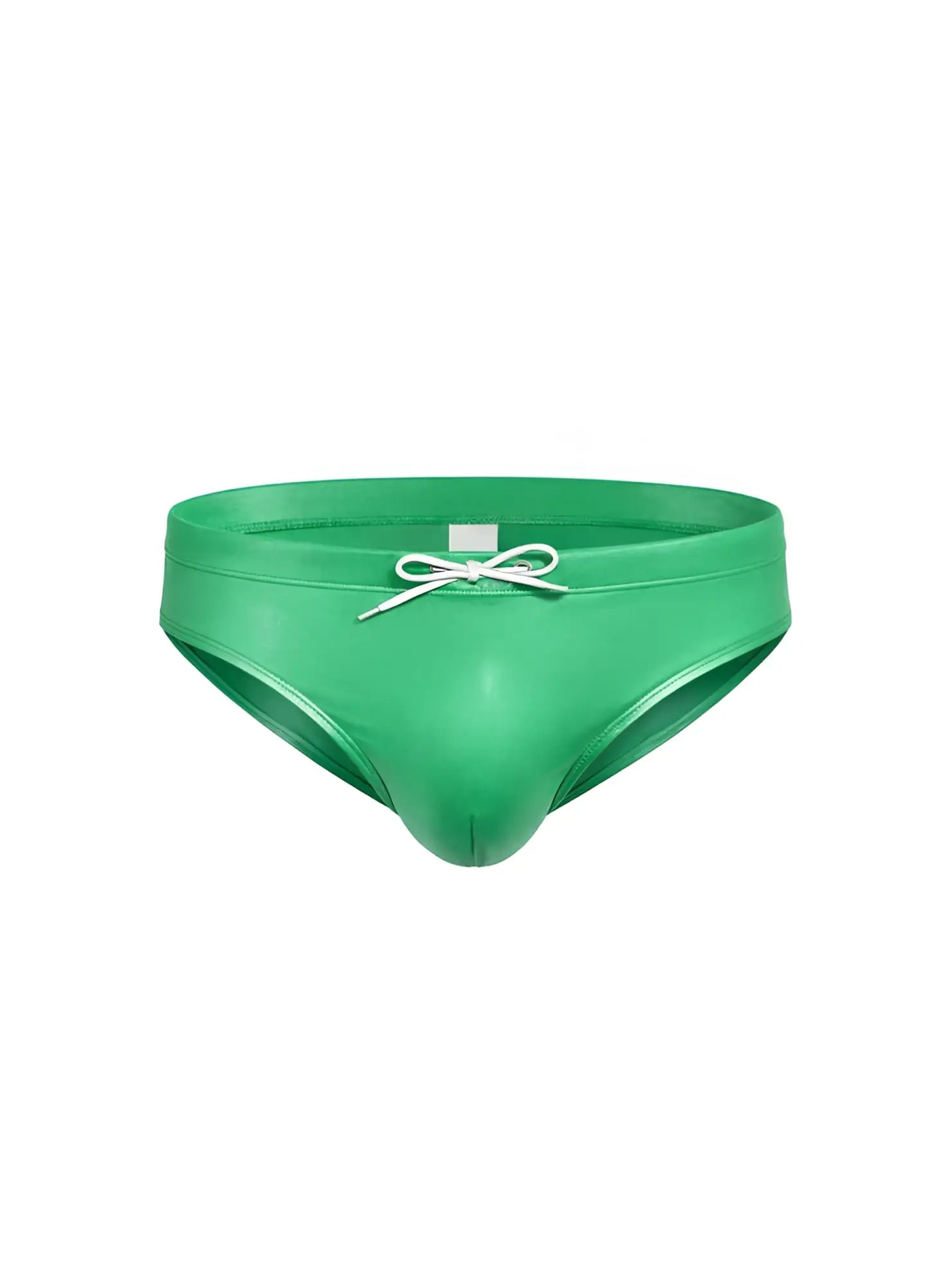 Vibrant green glossy faux leather swim trunks with white drawstring bow from Fizx Swim Bikini with removable push pad