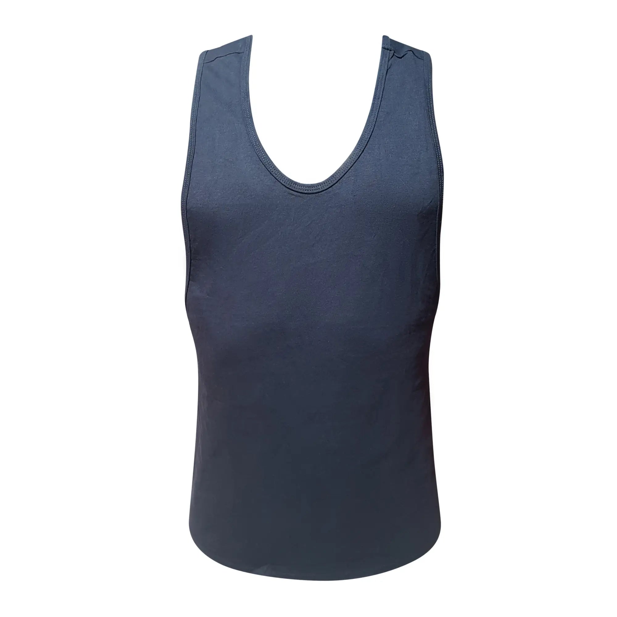 Dark navy blue sleeveless fizx tank top with rounded neckline and ribbed trim for casual and athletic wear